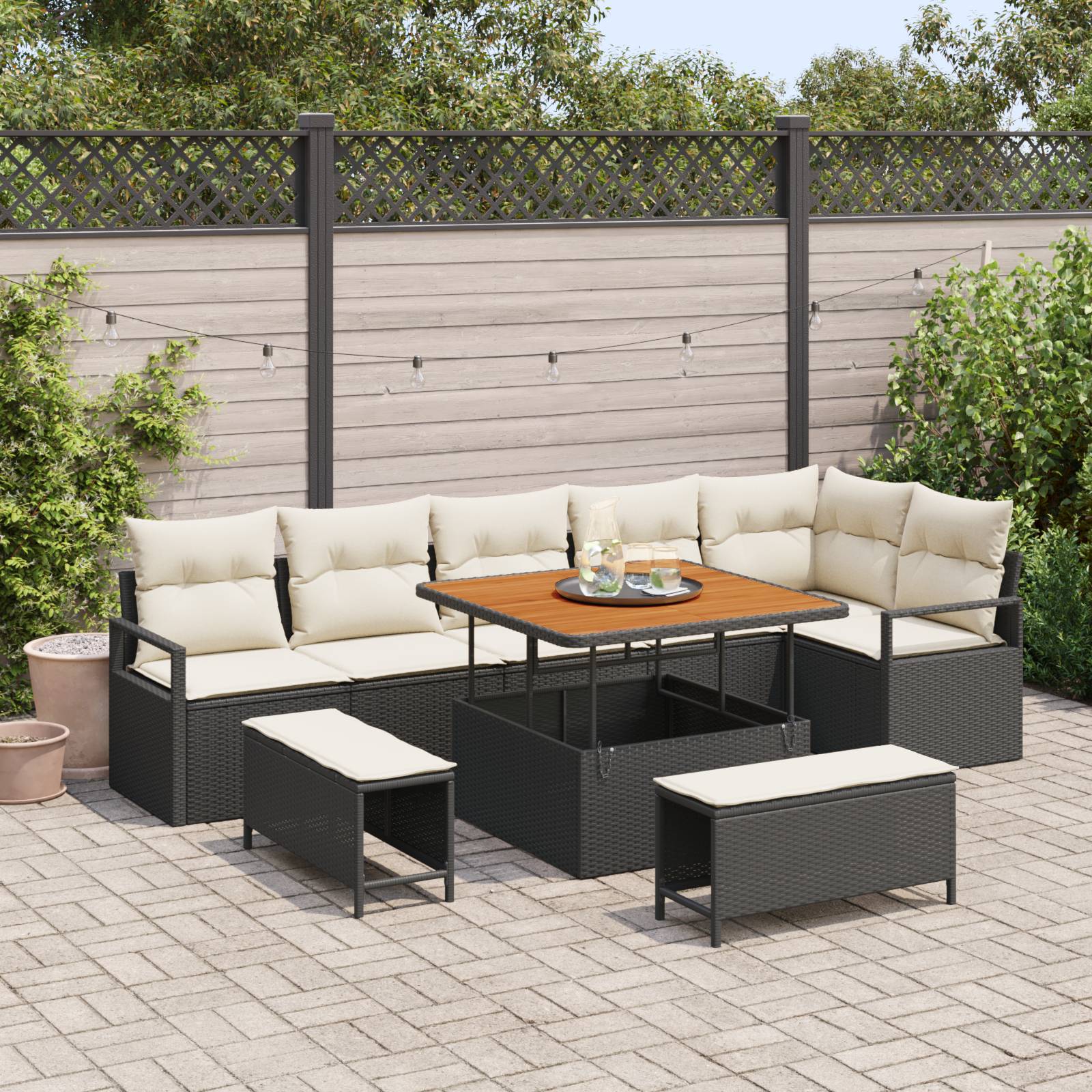 vidaXL 9 Teile Garten Sofa Set mit Kissen Schwarz Poly Rattan Akazie