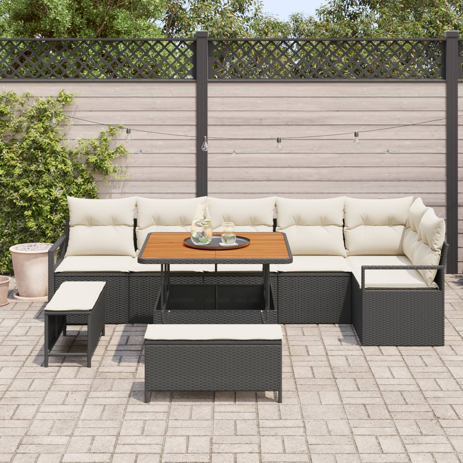 vidaXL 9 Teile Garten Sofa Set mit Kissen Schwarz Poly Rattan Akazie