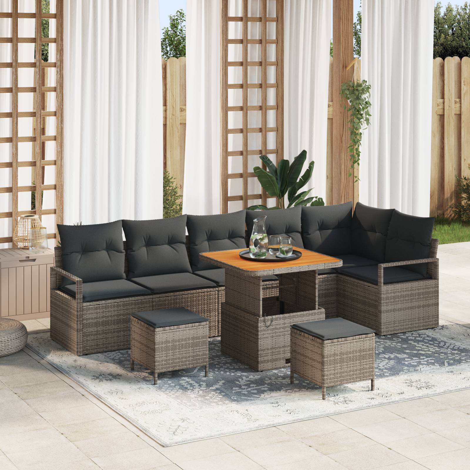 vidaXL 9-teiliges Garten Sofa Set mit Kissen Grau Poly Rattan Akazie