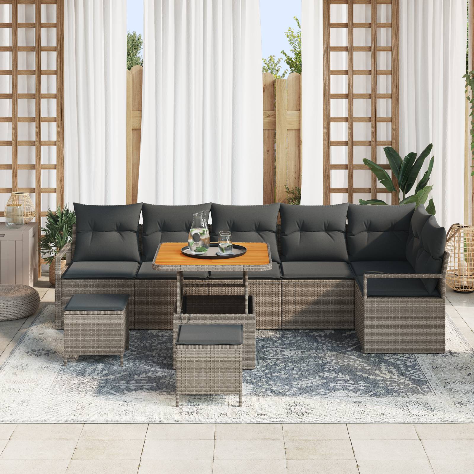 vidaXL 9-teiliges Garten Sofa Set mit Kissen Grau Poly Rattan Akazie