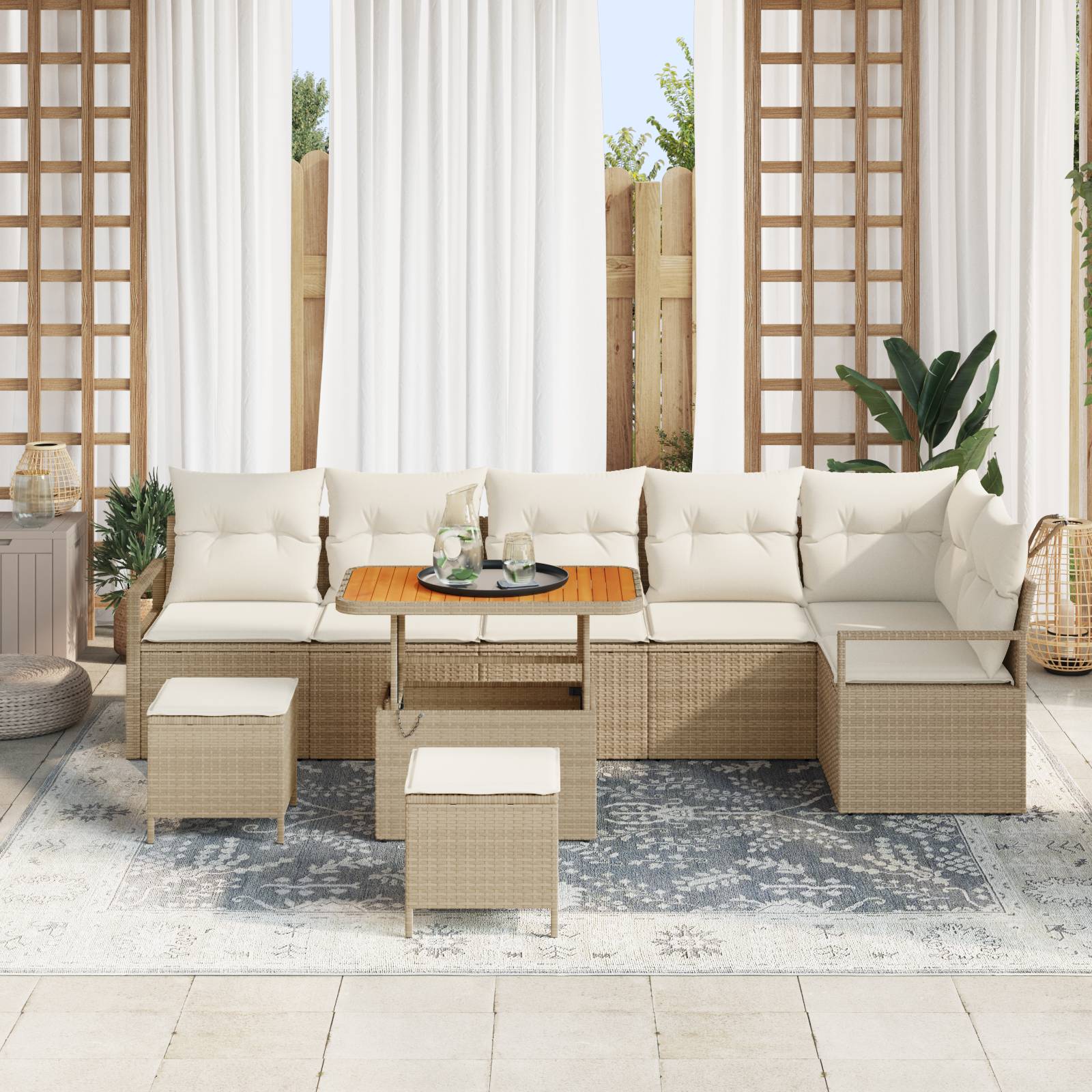 vidaXL 9-teiliges Garten Sofa Set mit Kissen Beige Poly Rattan Akazie