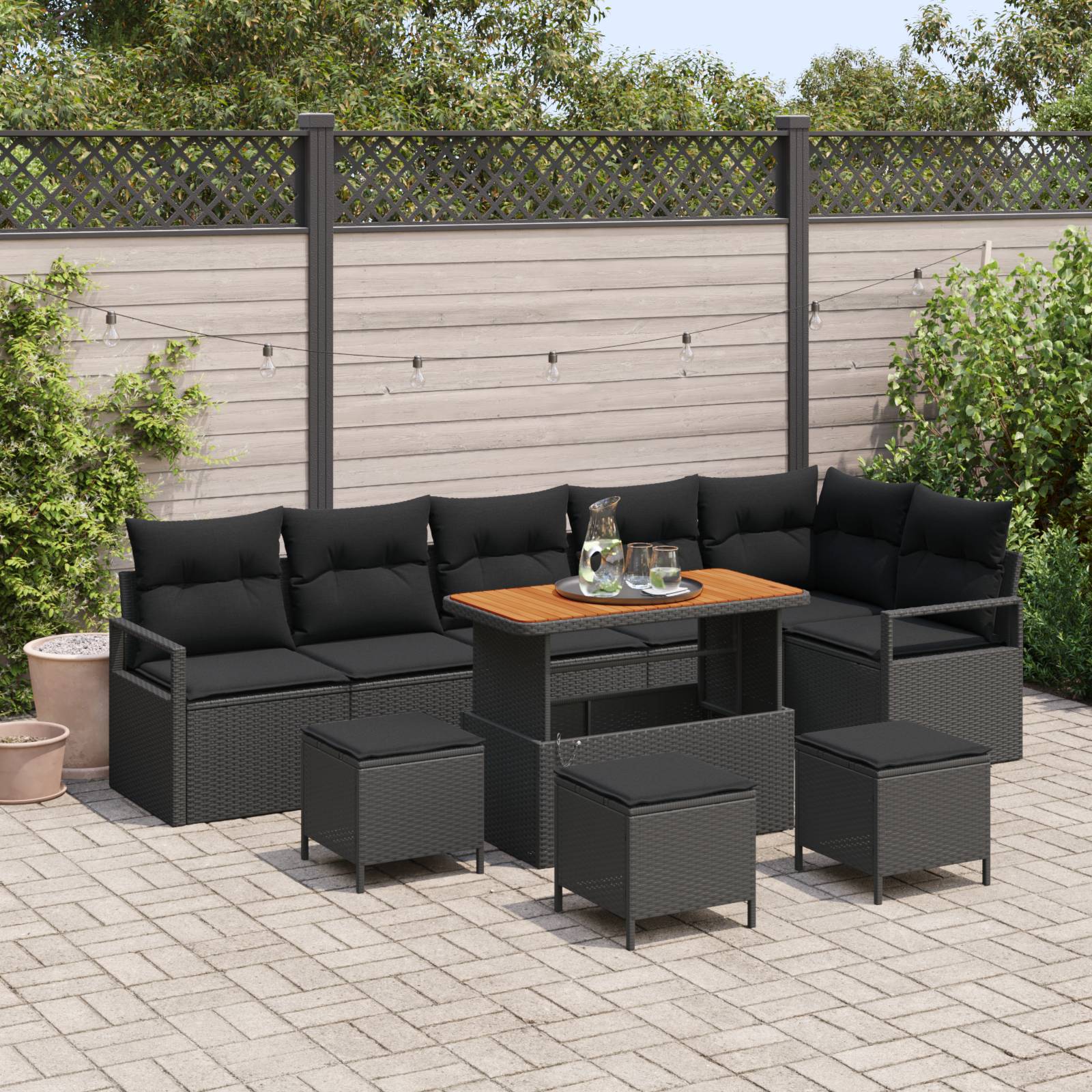 vidaXL 10-teilige Garten Sofa Set mit Kissen Schwarz Poly Rattan Akazie