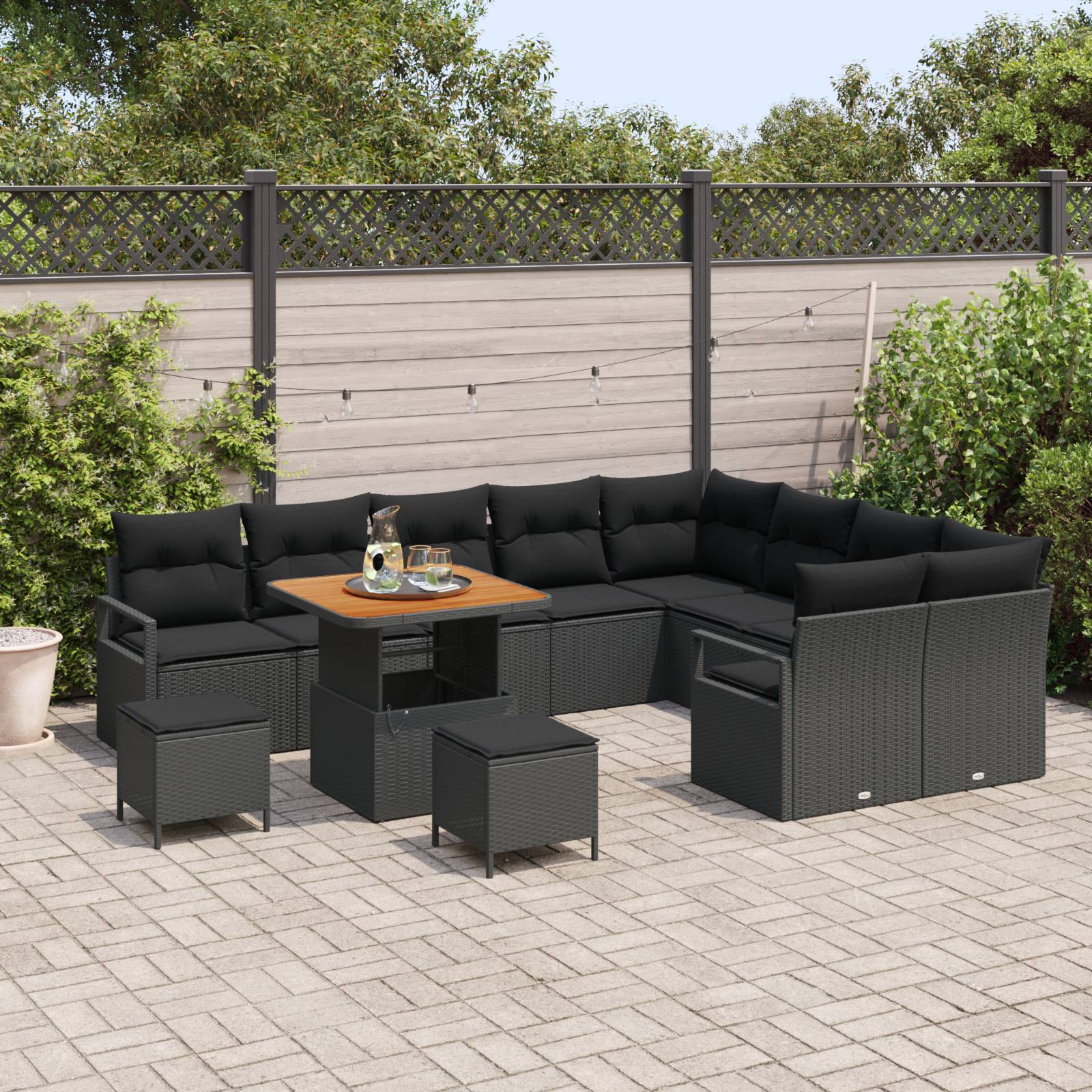 vidaXL 12-teiliges Garten Sofa Set mit Kissen Schwarz Poly Rattan Akazie