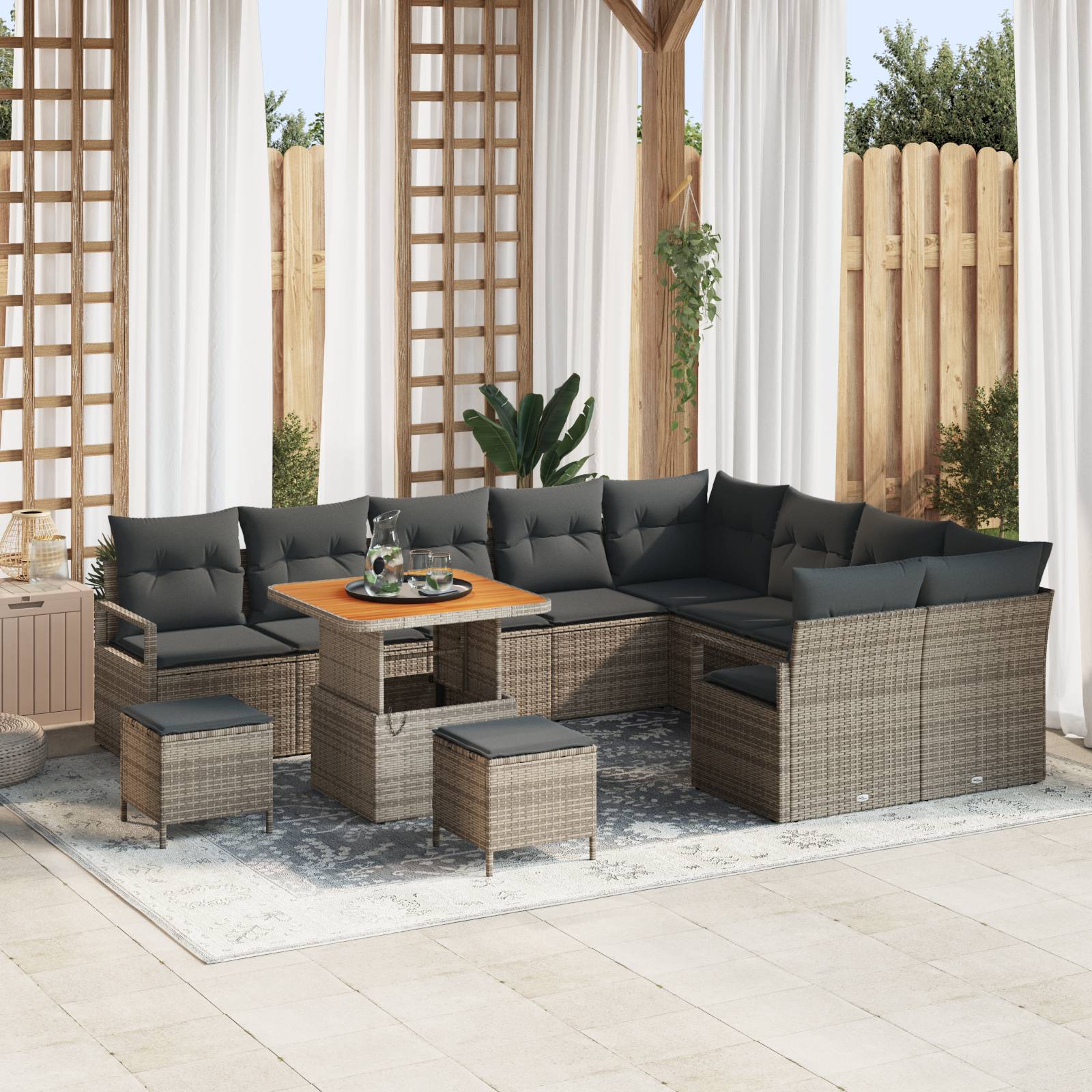 vidaXL 12-tlg. Garten-Sofagarnitur mit Kissen Grau Poly Rattan Akazie