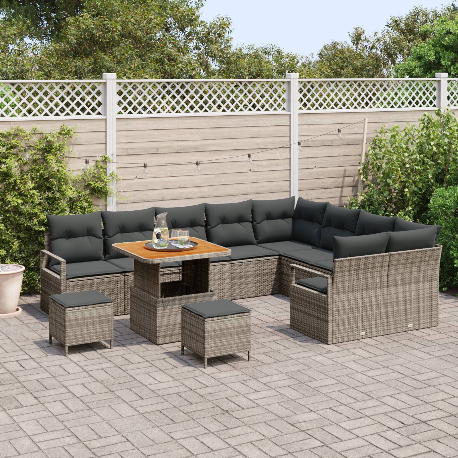 vidaXL 12-tlg. Garten-Sofagarnitur mit Kissen Grau Poly Rattan Akazie