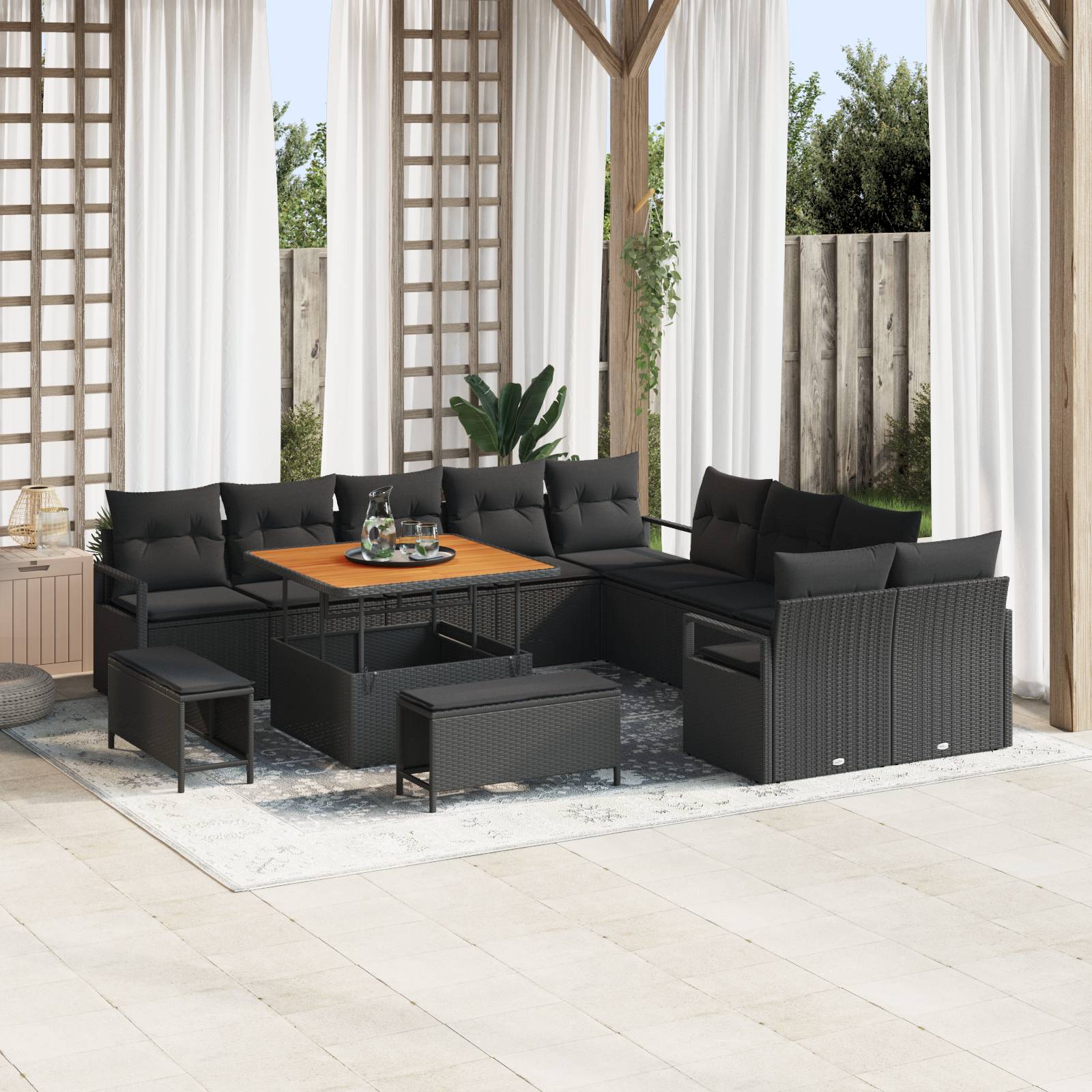 vidaXL 13-teiliges Garten Sofa Set mit Kissen Schwarz Poly-Rattan Akazie
