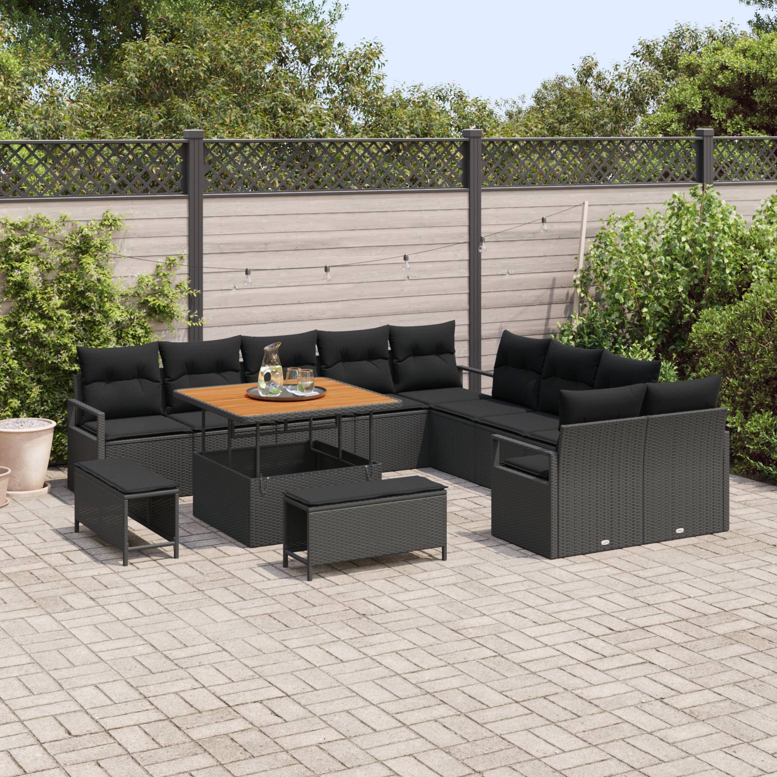 vidaXL 13-teiliges Garten Sofa Set mit Kissen Schwarz Poly-Rattan Akazie