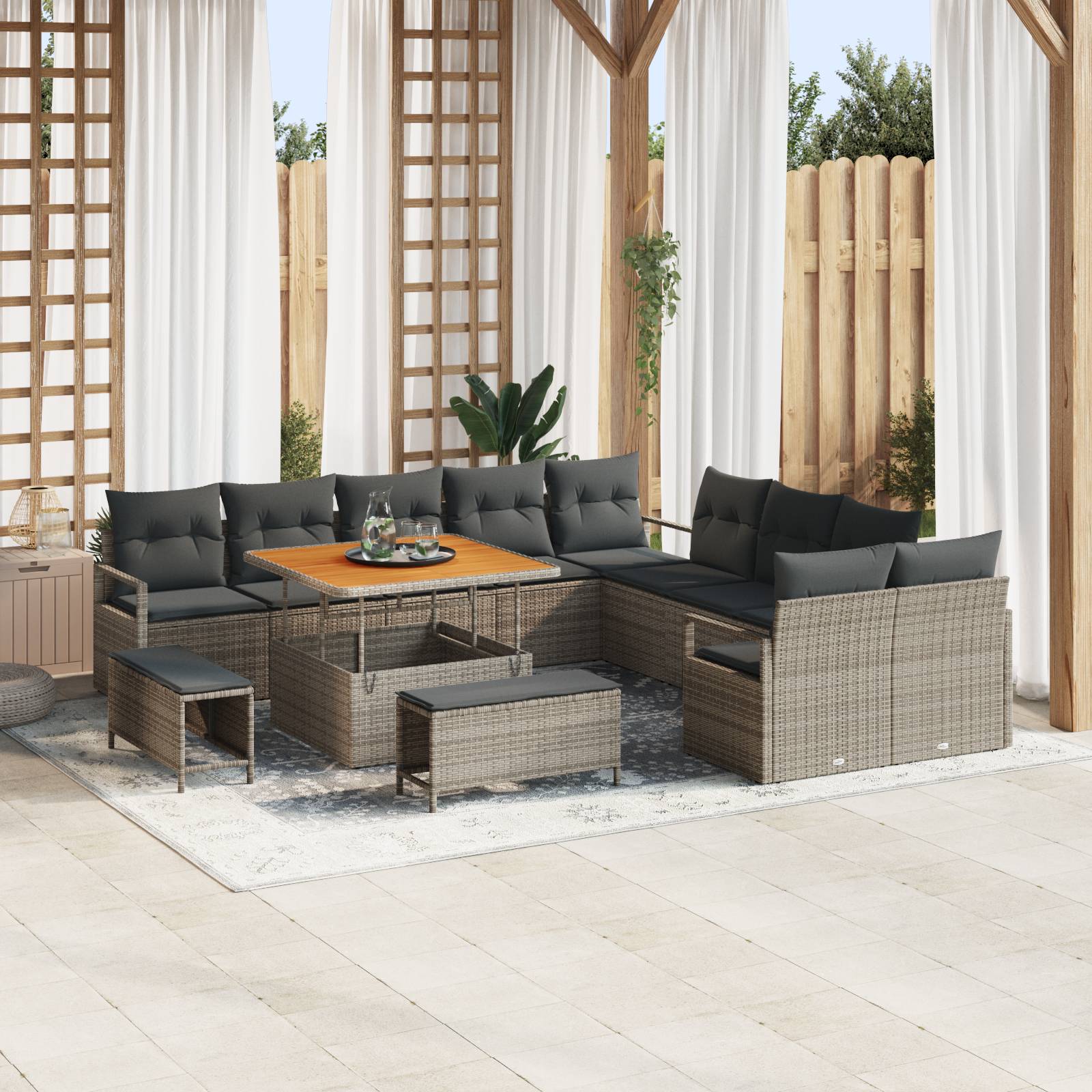 vidaXL 13-teiliges Gartensofa-Set mit Kissen Grau Poly-Rattan Akazie