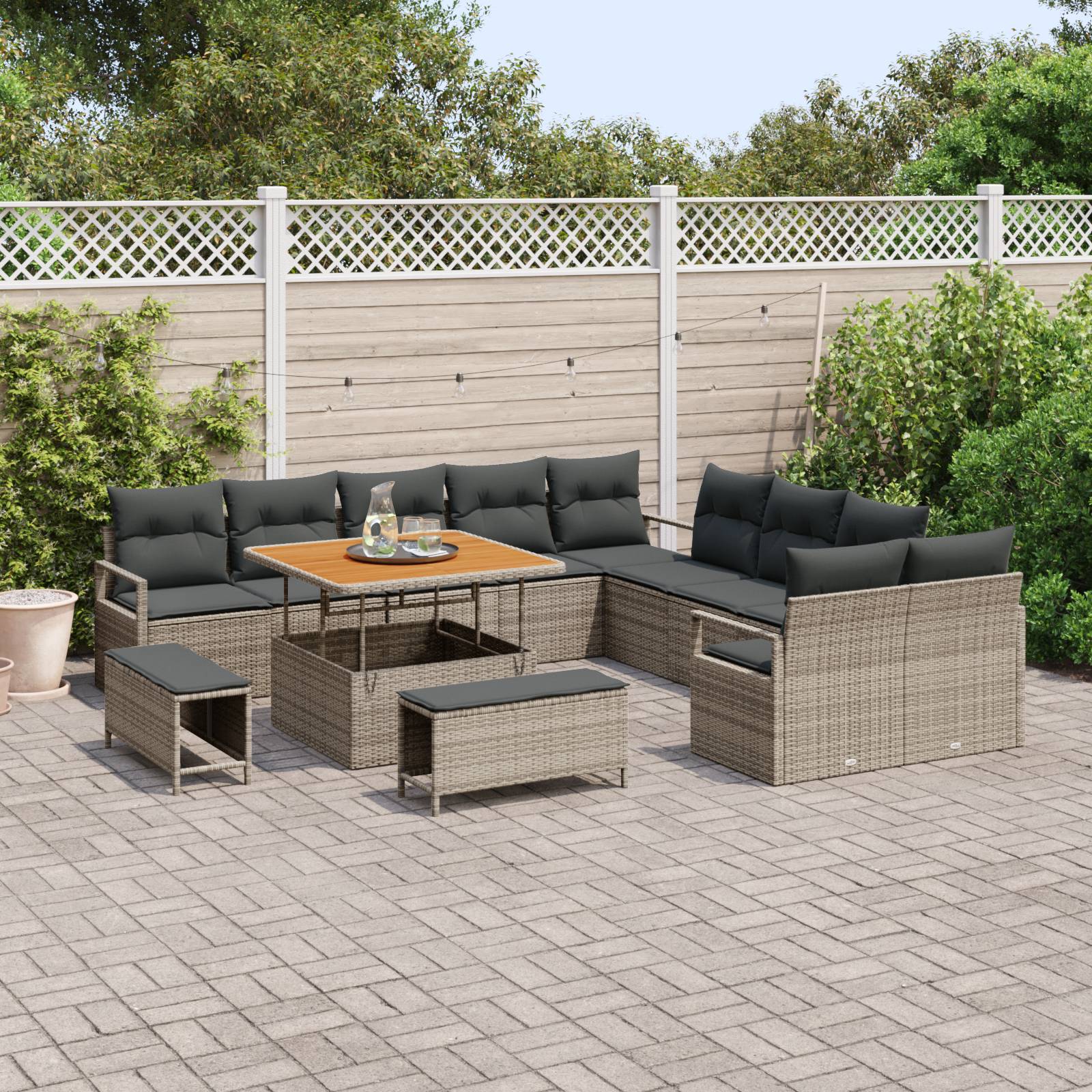 vidaXL 13-teiliges Gartensofa-Set mit Kissen Grau Poly-Rattan Akazie