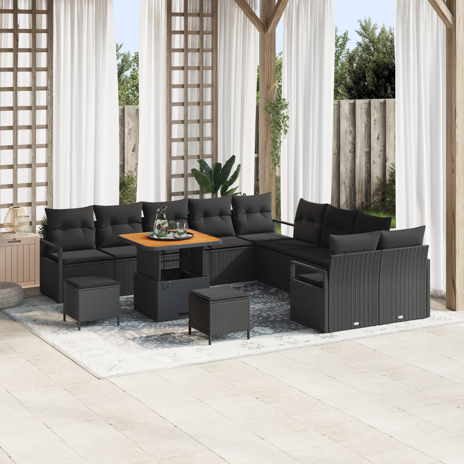 vidaXL 13-teiliges Garten-Sofa-Set mit Kissen Schwarz Poly-Rattan Akazie