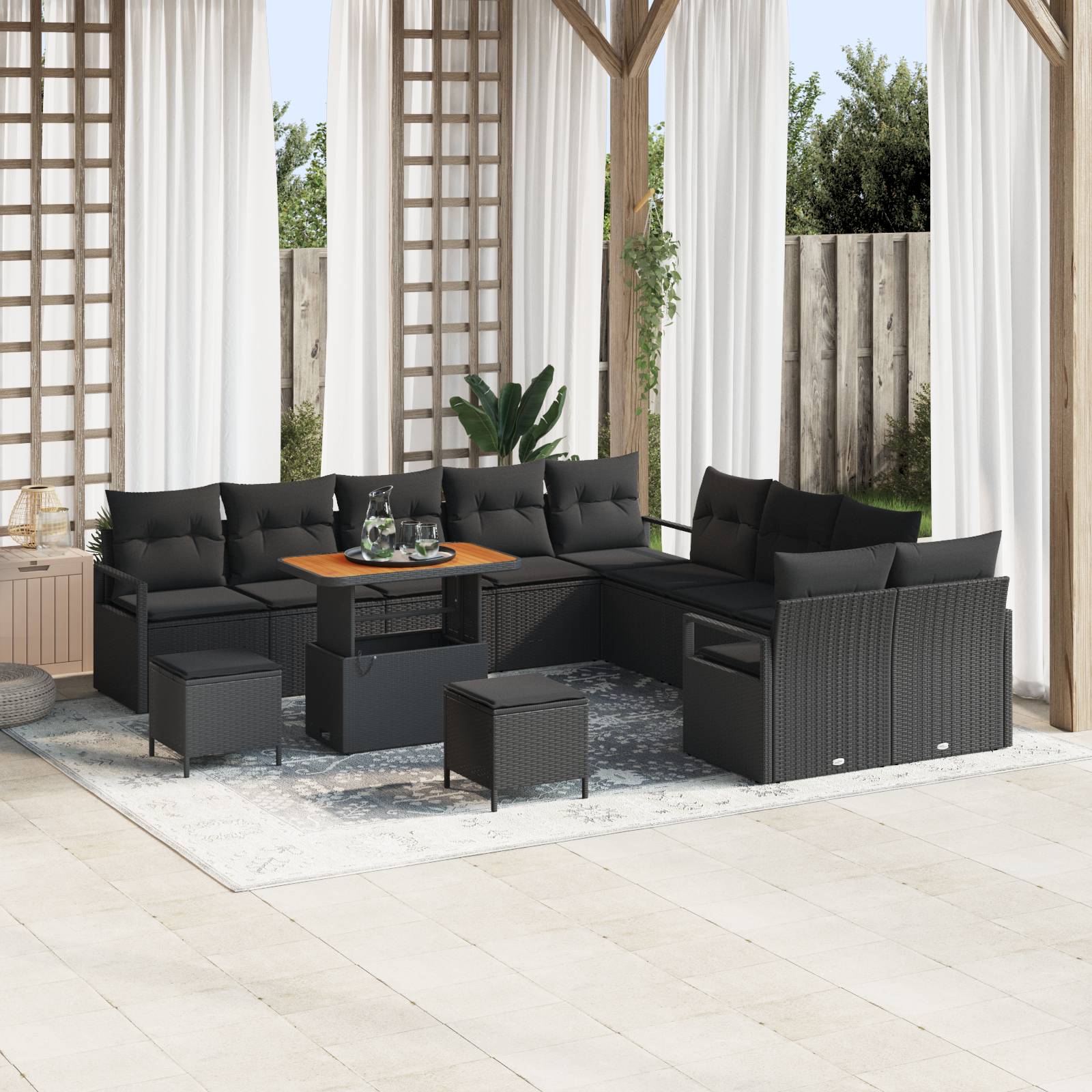 vidaXL 13-teiliges Garten Sofa Set mit Kissen Schwarz Poly Rattan Akazie