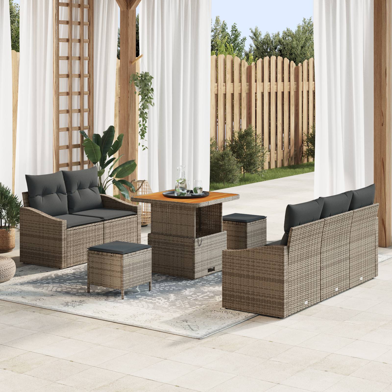vidaXL 8-teiliges Garten Sofa Set mit Kissen Grau Poly Rattan Akazie