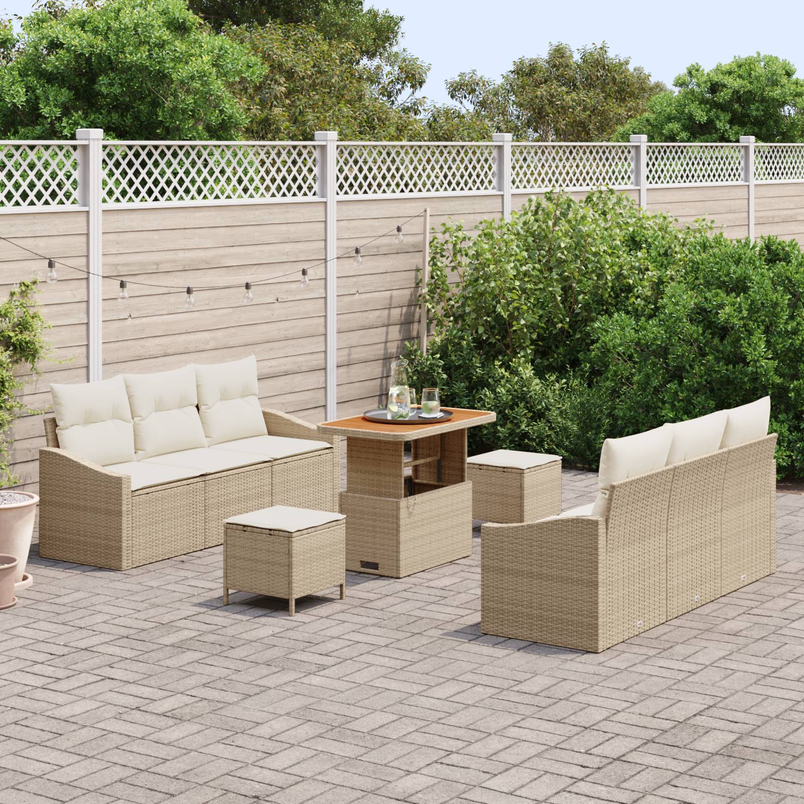 vidaXL 9-teiliges Garten-Sofa-Set mit Kissen Beige Poly Rattan Akazie