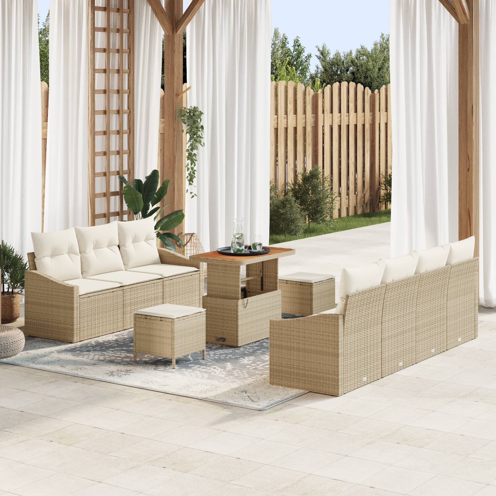 vidaXL 10-tlg. Garten Sofa Set mit Kissen Beige Poly Rattan Akazie