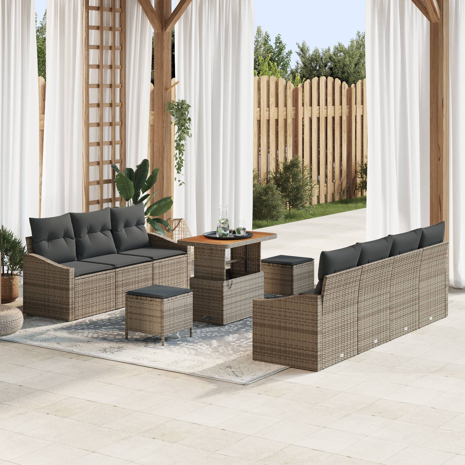 vidaXL 10-teiliges Garten-Sofa-Set mit Kissen Grau Poly Rattan Akazie
