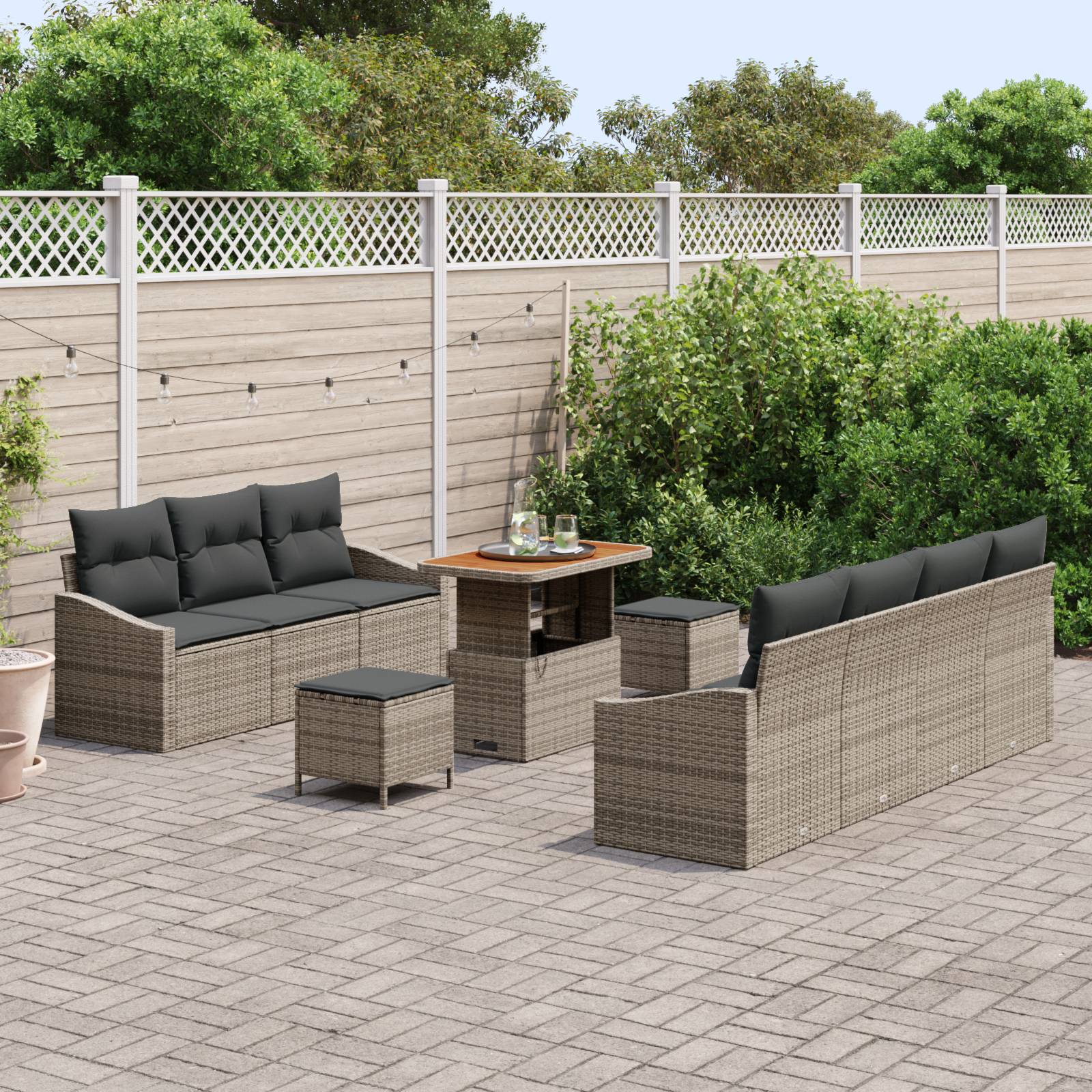 vidaXL 10-teiliges Garten-Sofa-Set mit Kissen Grau Poly Rattan Akazie