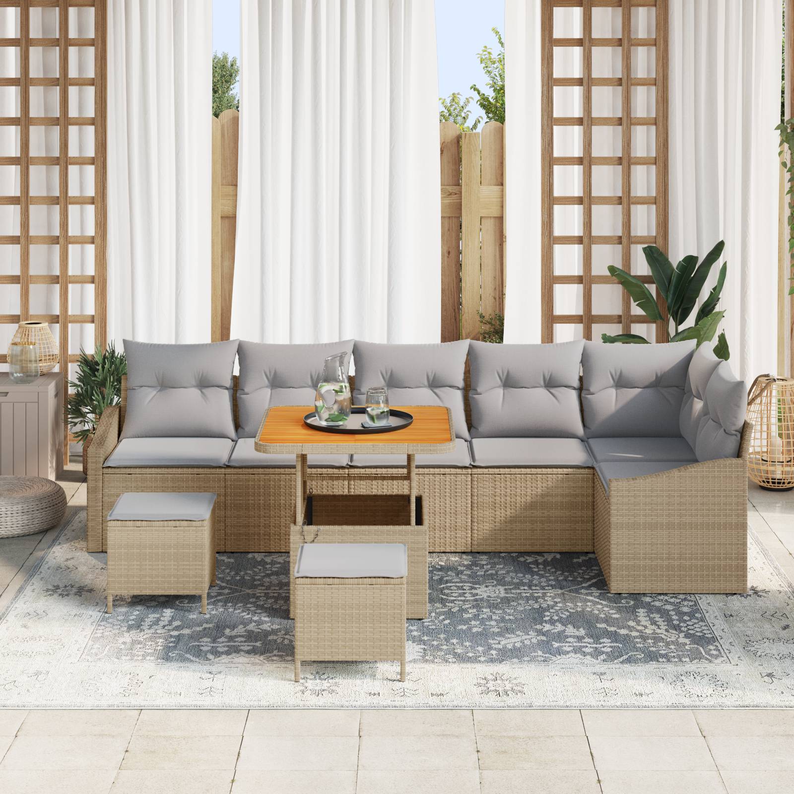vidaXL 9-teiliges Garten Sofa Set mit Kissen Beige Poly Rattan Akazie