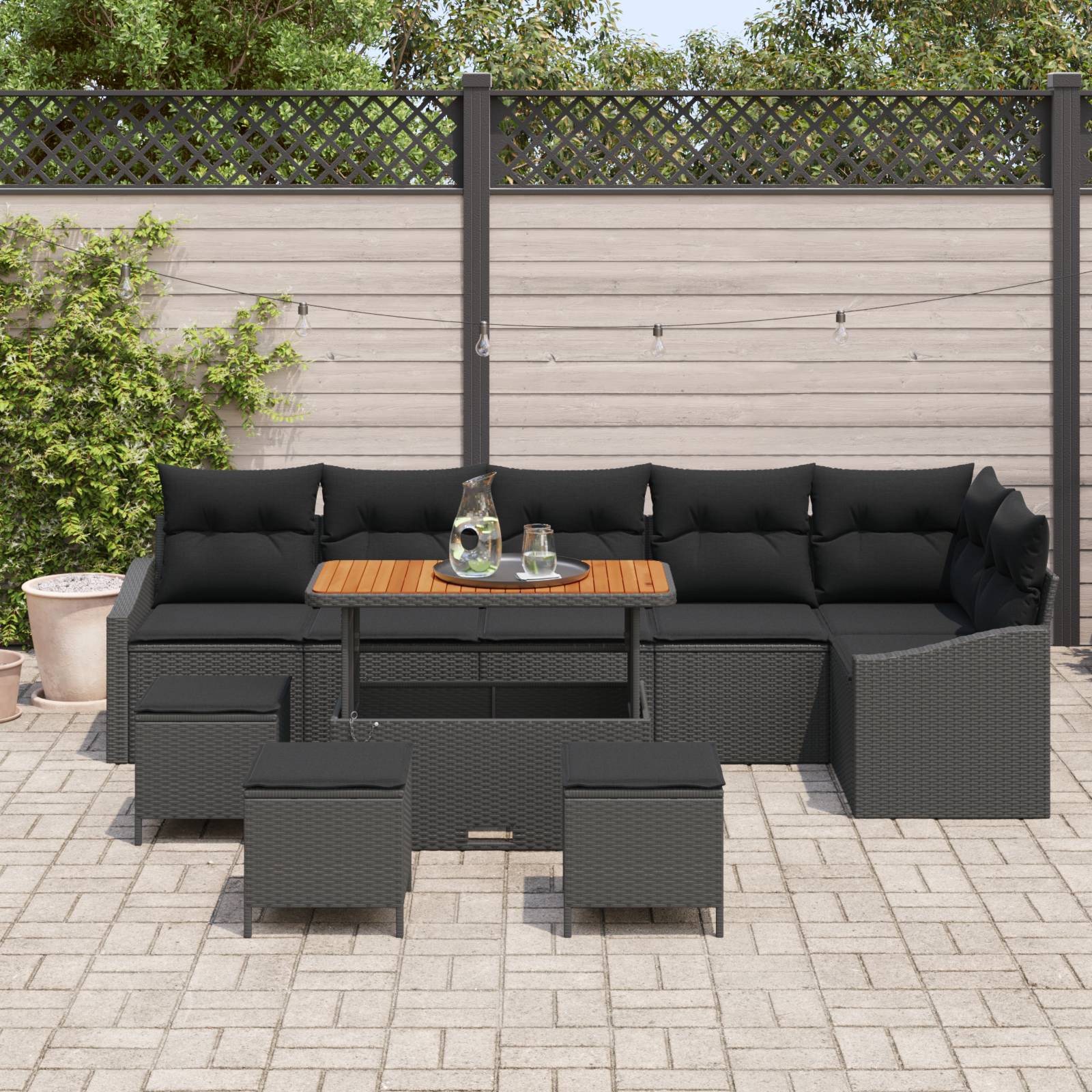 vidaXL 10-teiliges Garten-Sofa-Set mit Kissen Schwarz Poly-Rattan Akazie