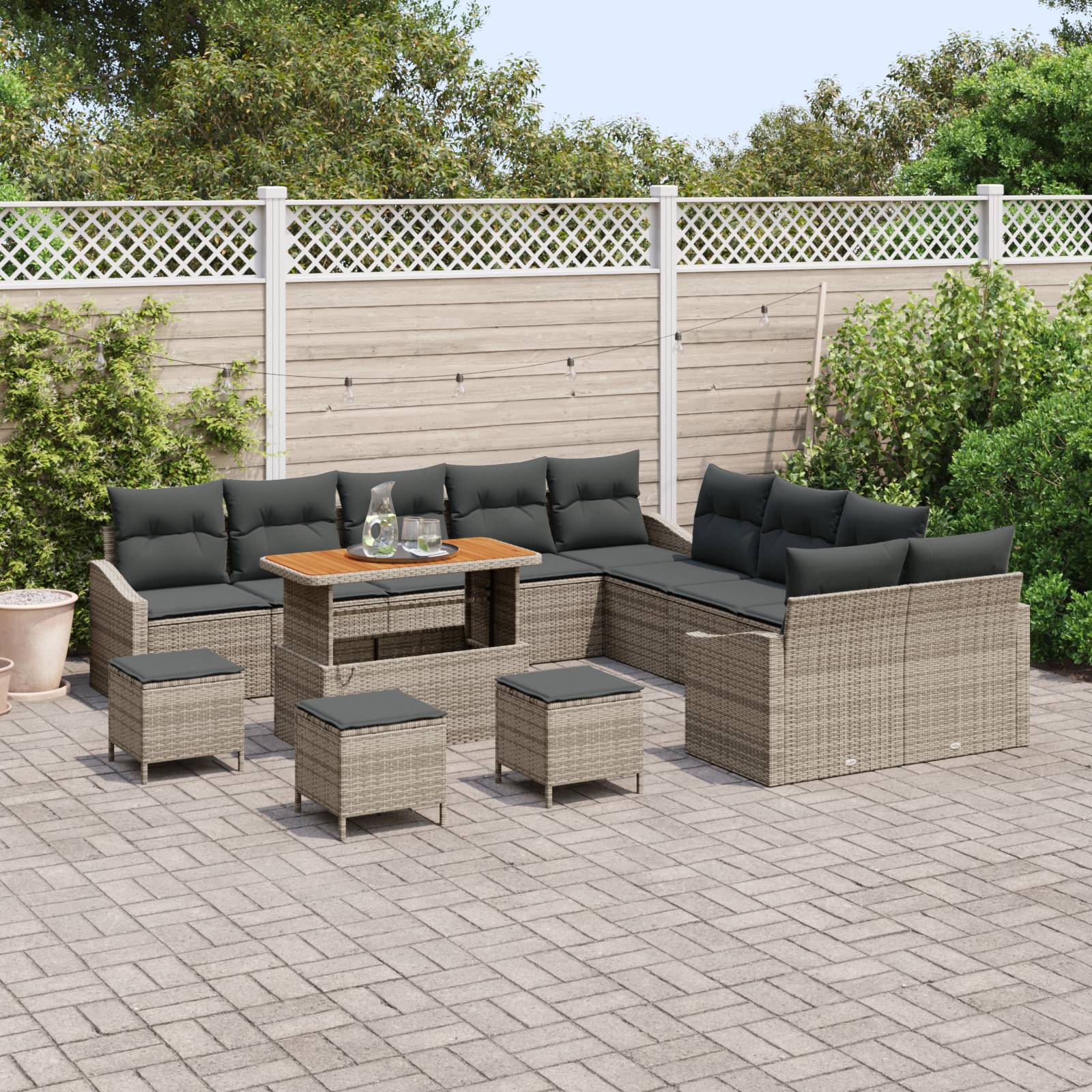 vidaXL 14-teiliges Garten Sofa Set mit Kissen Grau Poly Rattan Akazie