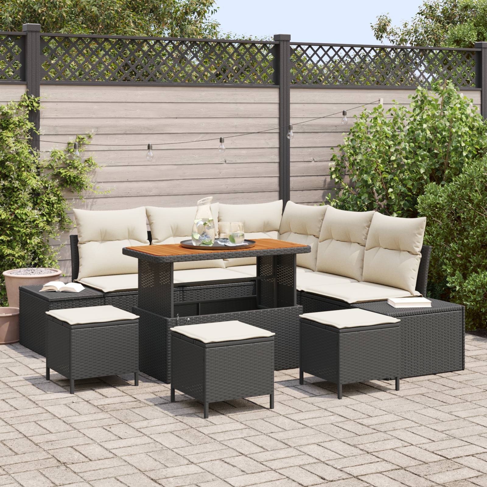 vidaXL 9-teiliges Garten-Sofa-Set mit Kissen Schwarz Poly-Rattan Akazie
