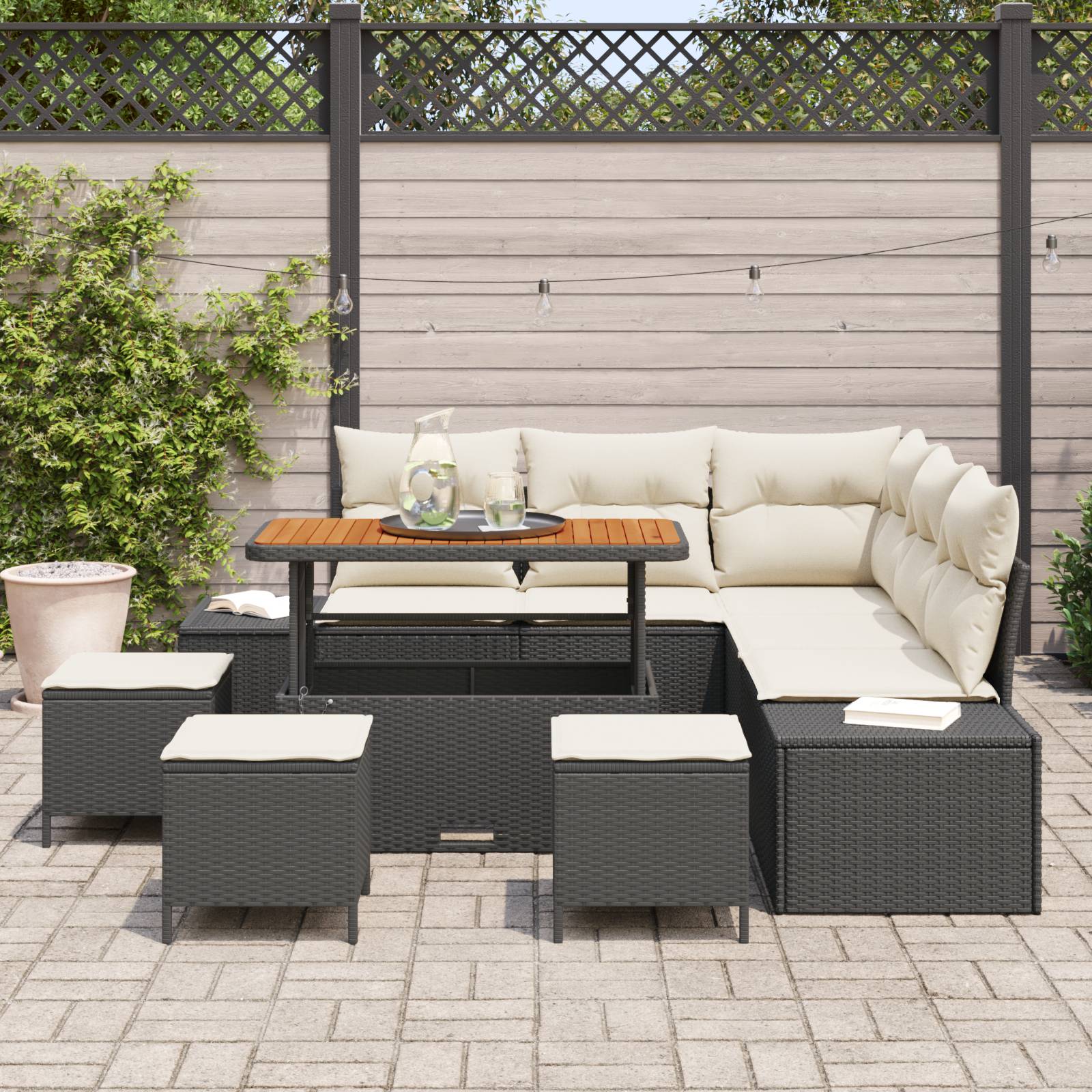 vidaXL 9-teiliges Garten-Sofa-Set mit Kissen Schwarz Poly-Rattan Akazie