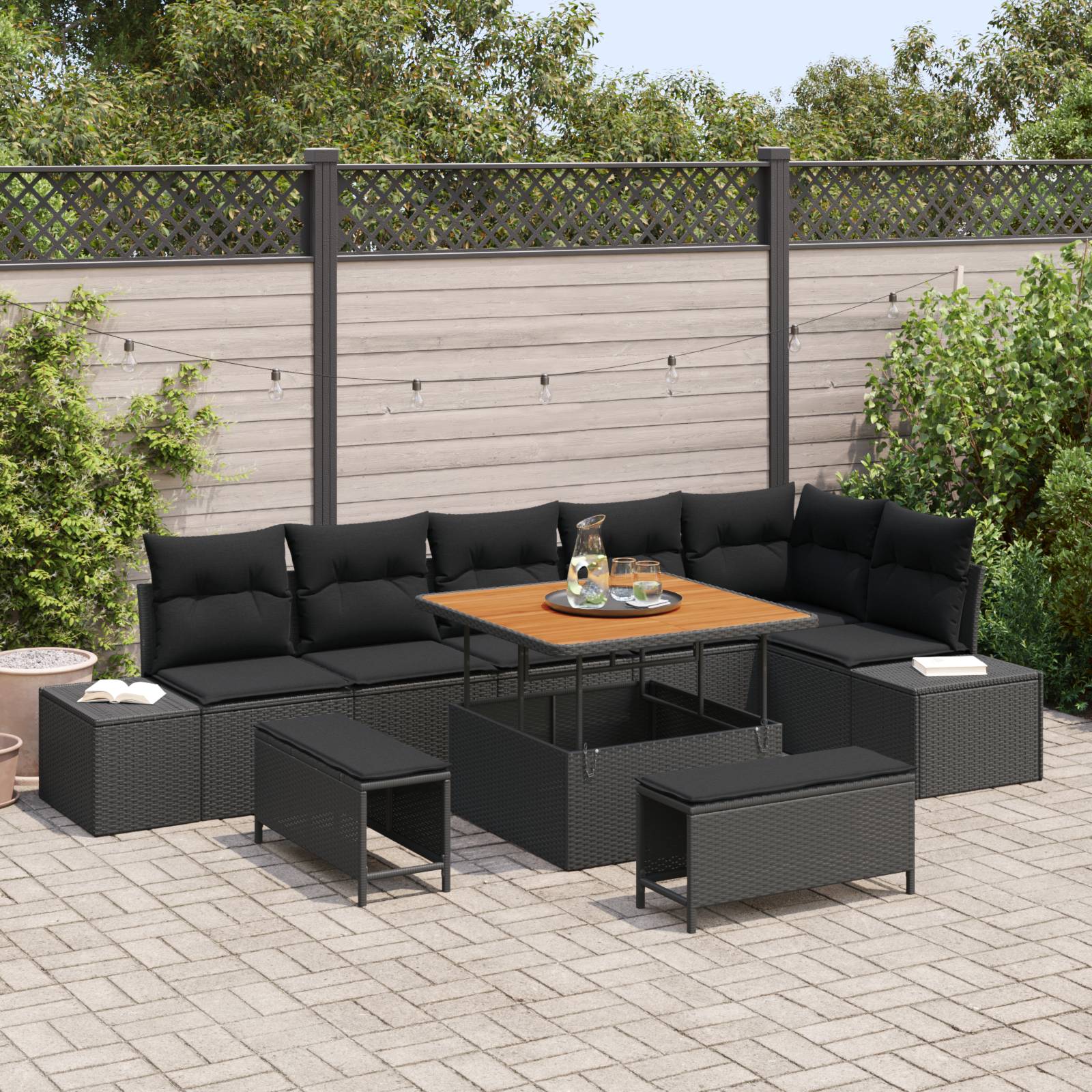 vidaXL 9-teiliges Garten Sofa Set mit Kissen Schwarz Poly Rattan Akazie