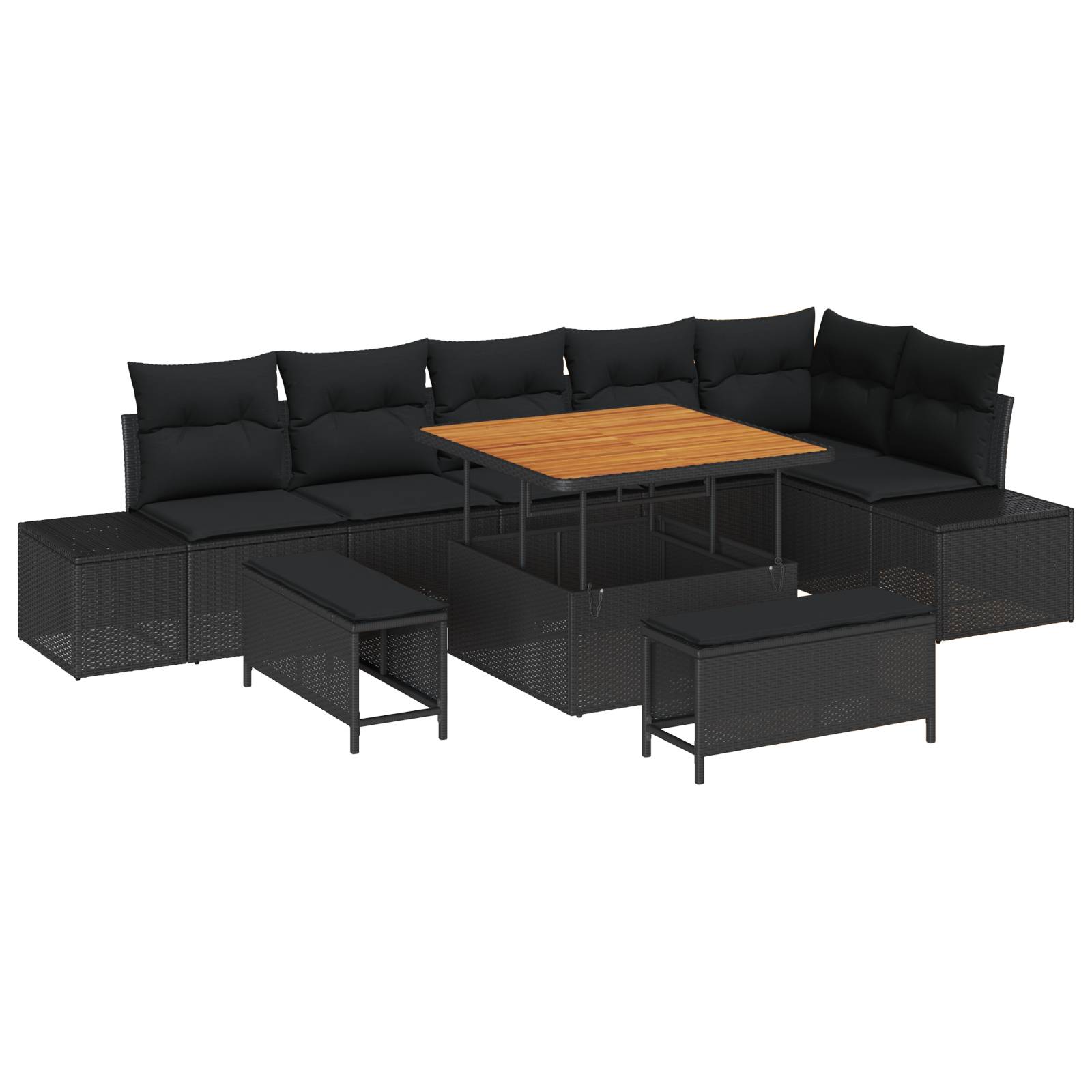 vidaXL 9-teiliges Garten Sofa Set mit Kissen Schwarz Poly Rattan Akazie