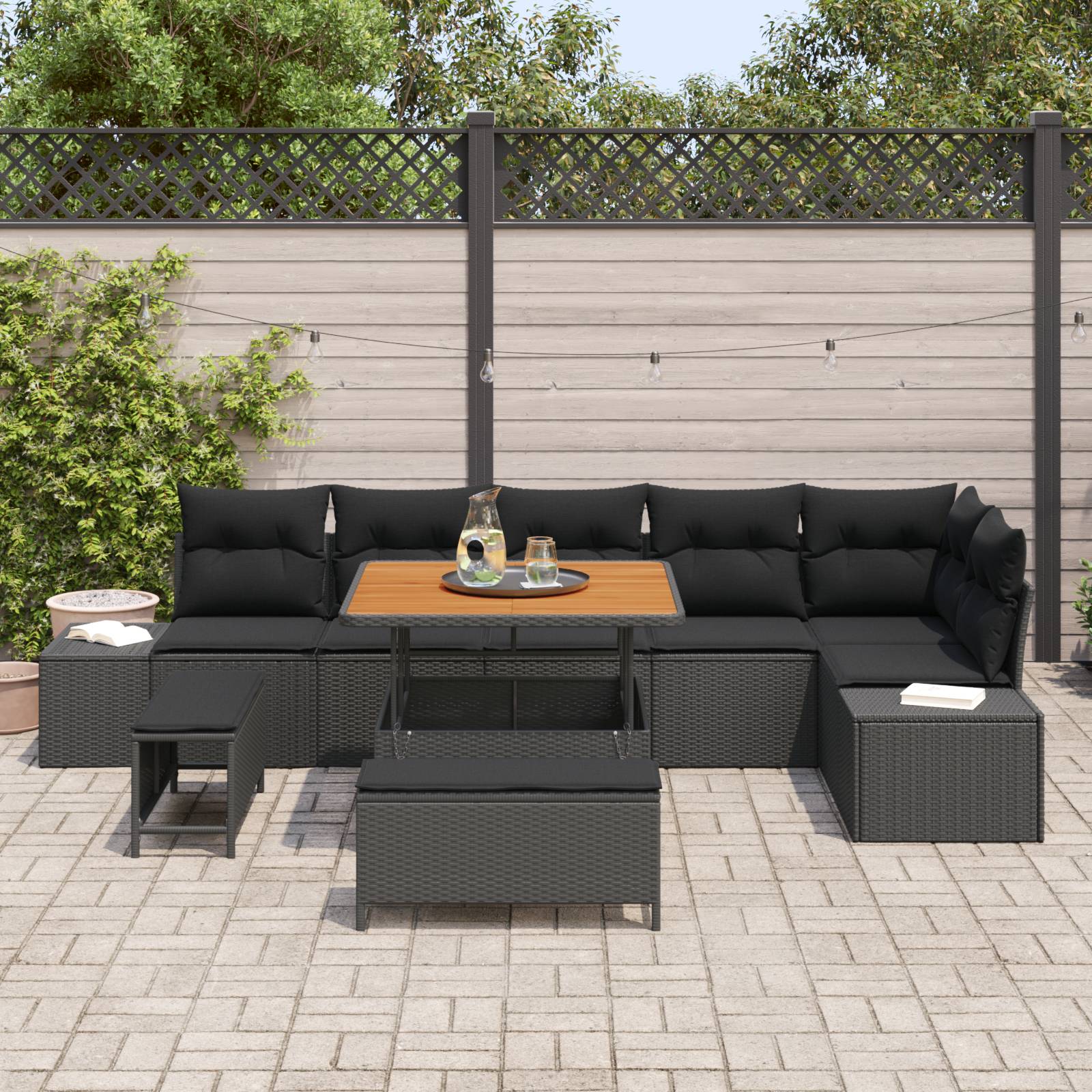 vidaXL 9-teiliges Garten Sofa Set mit Kissen Schwarz Poly Rattan Akazie