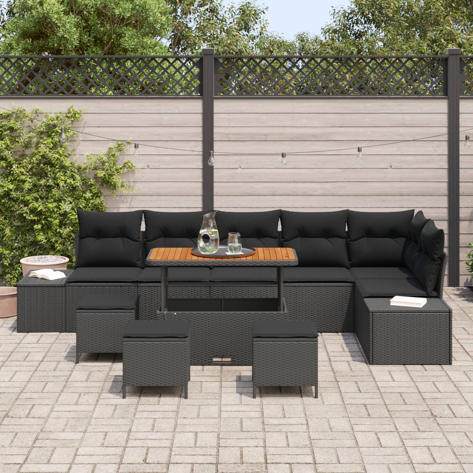 vidaXL 10-teiliges Garten Sofa Set mit Kissen Schwarz Poly Rattan Akazie