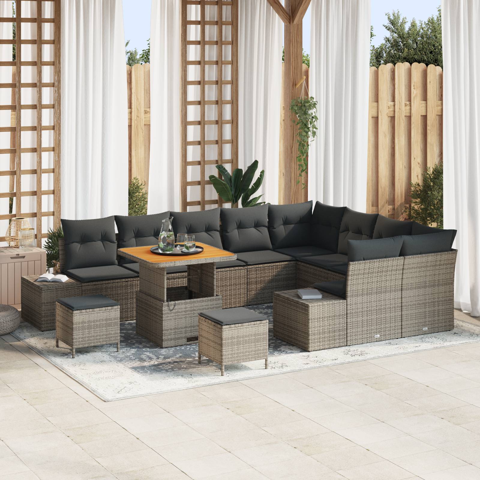 vidaXL 12-teiliges Garten-Sofa Set mit Kissen Grau Poly-Rattan Akazie