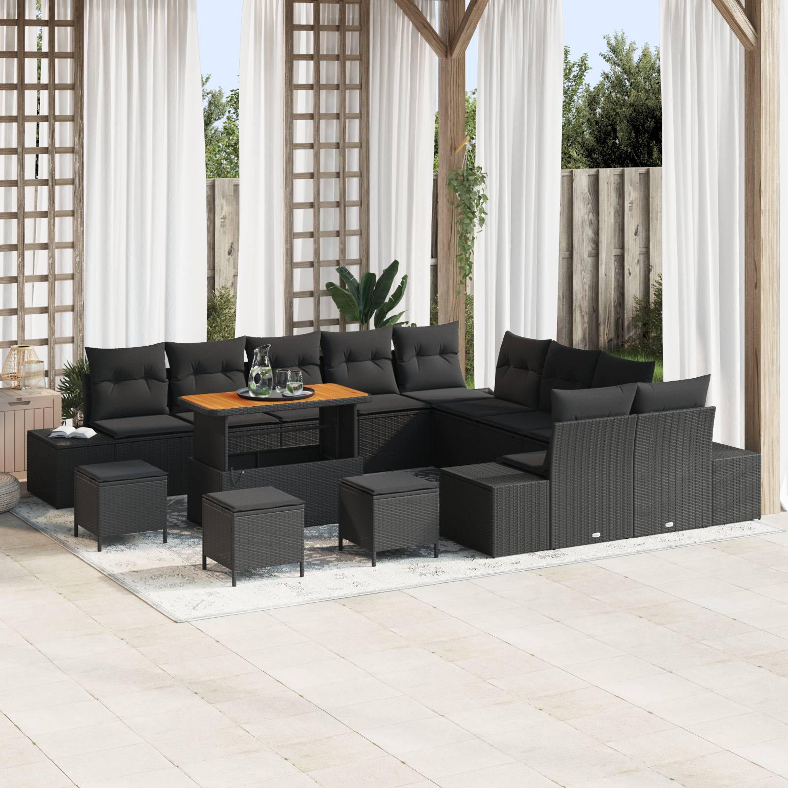 vidaXL 14-tlg. Garten-Sofagarnitur mit Kissen Schwarz Poly Rattan