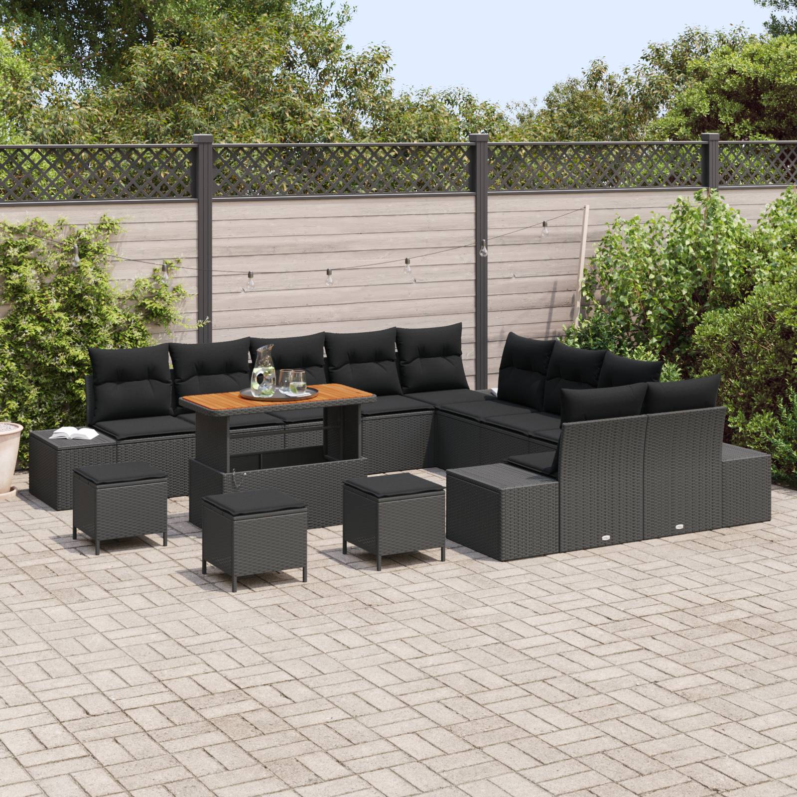 vidaXL 14-tlg. Garten-Sofagarnitur mit Kissen Schwarz Poly Rattan