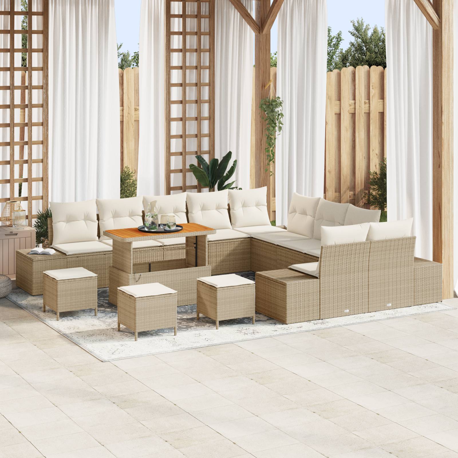 vidaXL 14-tlg. Garten-Sofagarnitur mit Kissen Beige Poly Rattan Akazie