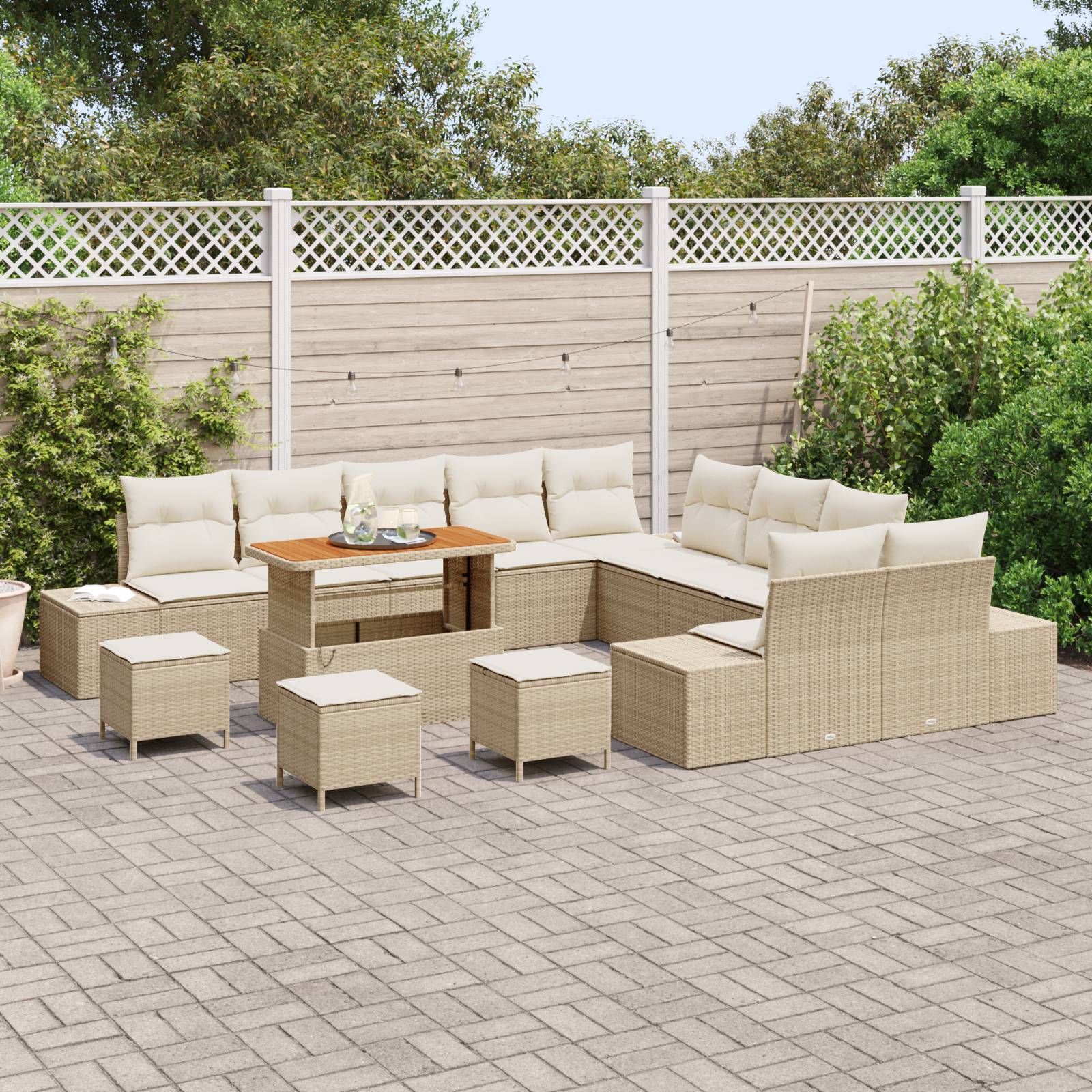 vidaXL 14-tlg. Garten-Sofagarnitur mit Kissen Beige Poly Rattan Akazie