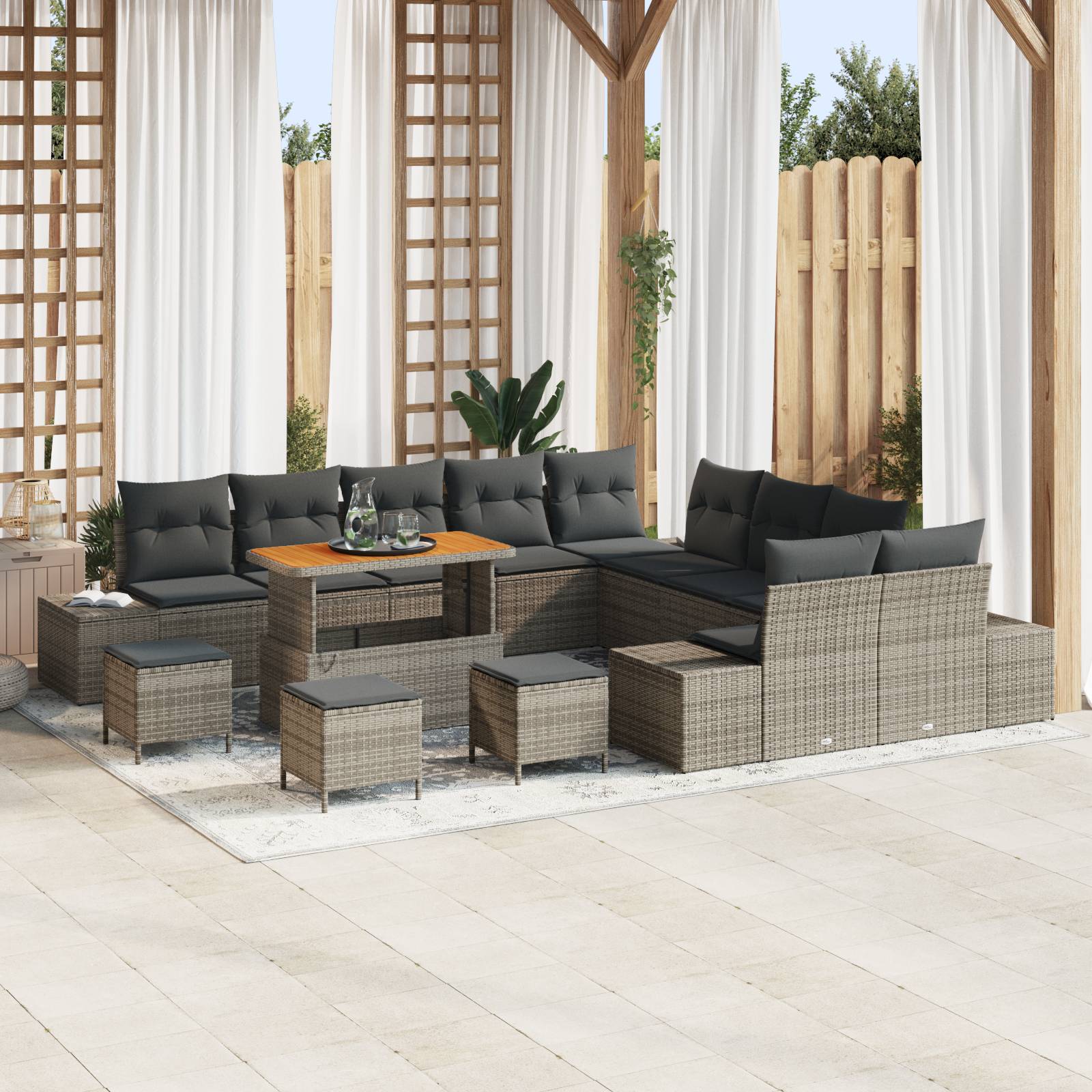 vidaXL 14-tlg. Garten-Sofagarnitur mit Kissen Grau Poly Rattan Akazie
