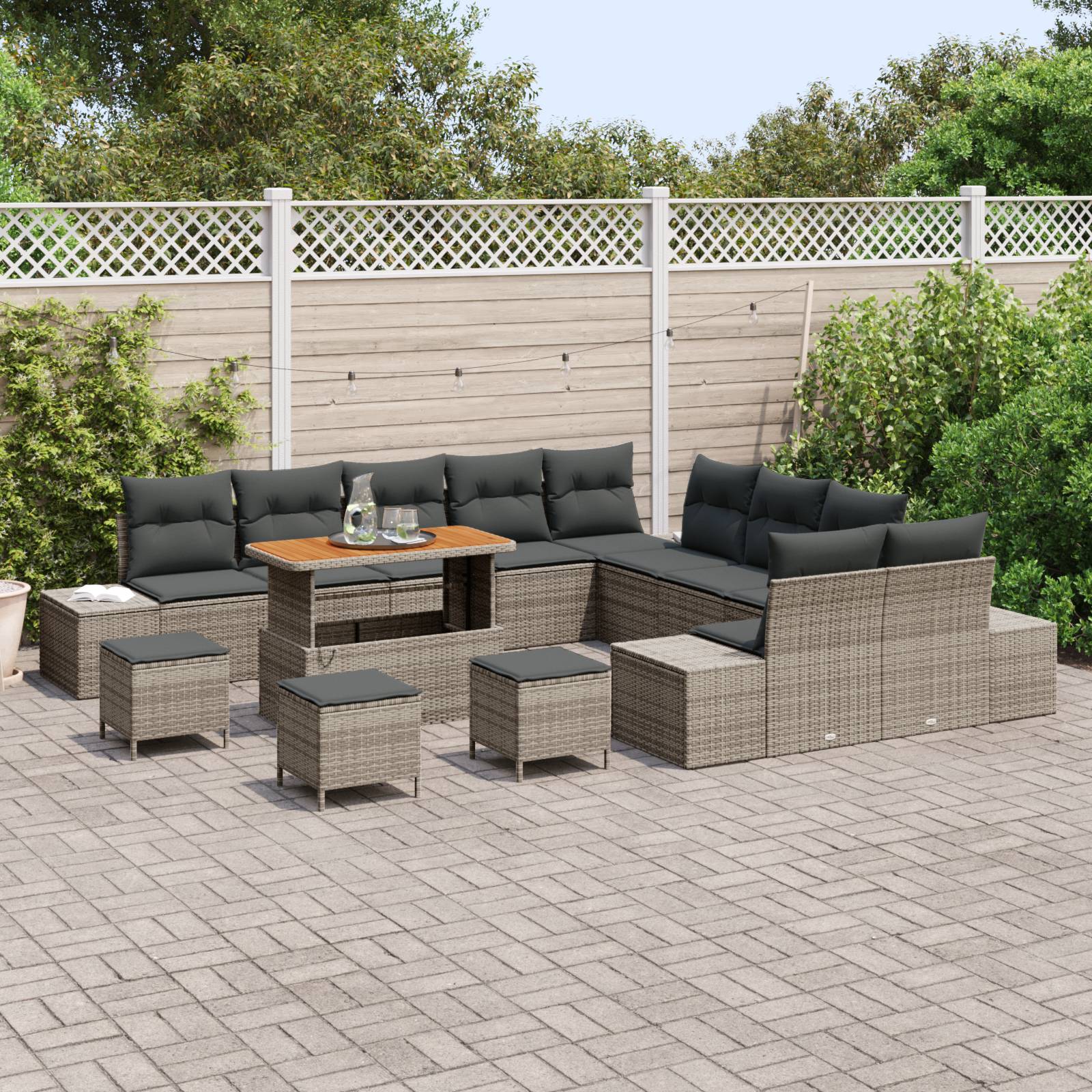 vidaXL 14-tlg. Garten-Sofagarnitur mit Kissen Grau Poly Rattan Akazie