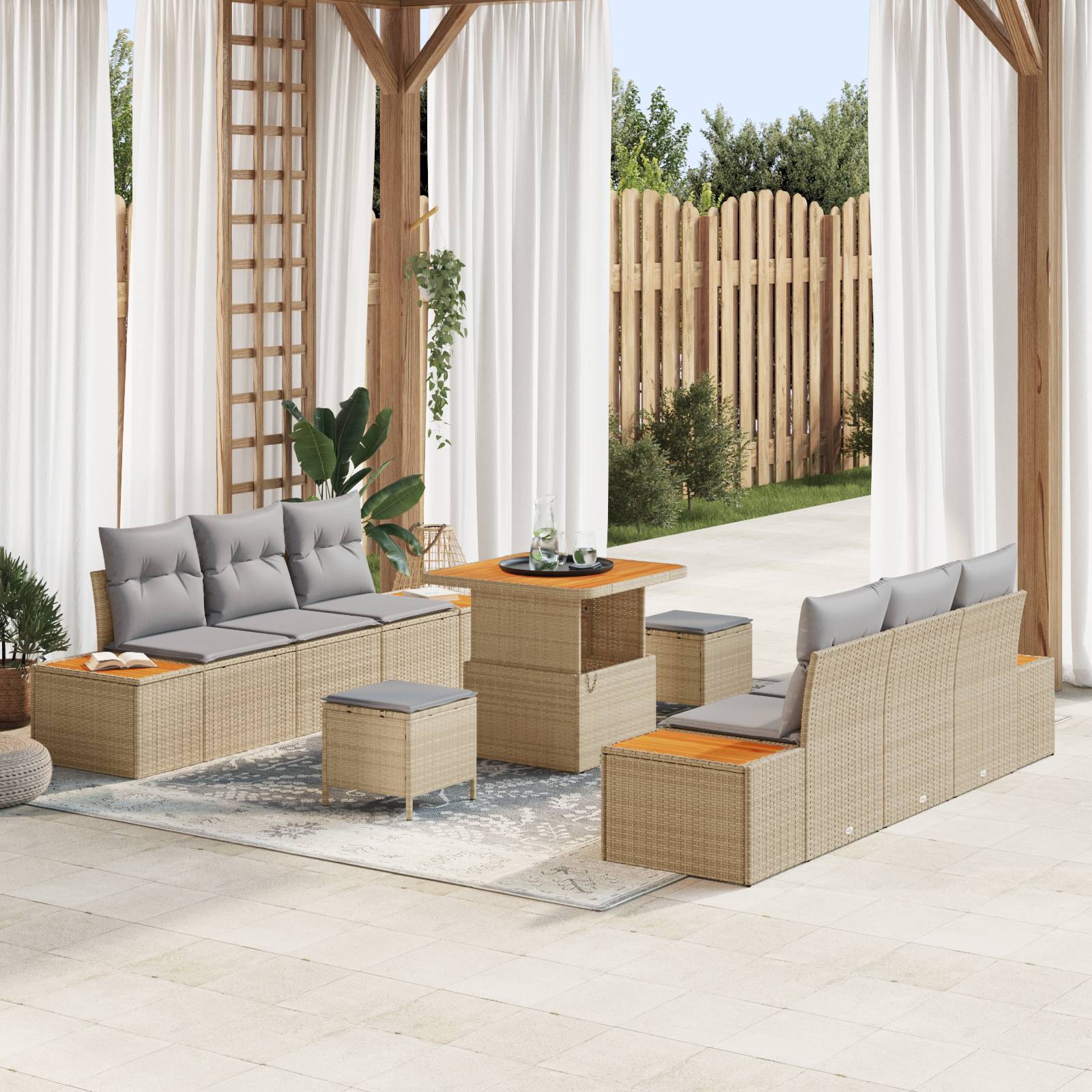 vidaXL 9-teiliges Garten-Sofa-Set mit Kissen Beige Poly Rattan Akazie