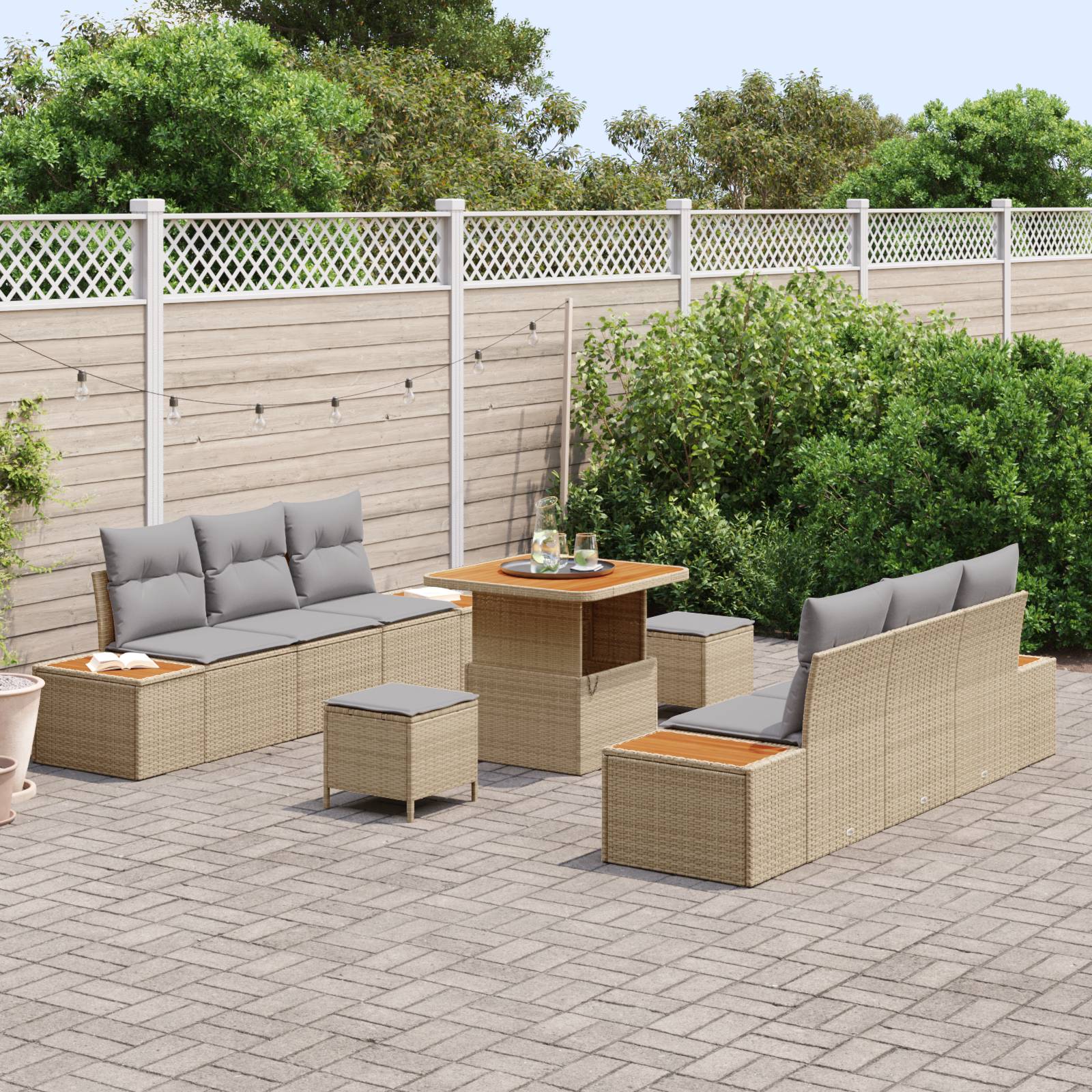 vidaXL 9-teiliges Garten-Sofa-Set mit Kissen Beige Poly Rattan Akazie