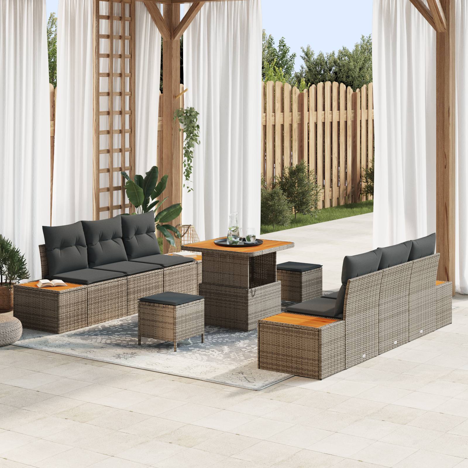 vidaXL 9-teiliges Garten Sofa Set mit Kissen Grau Poly Rattan Akazie