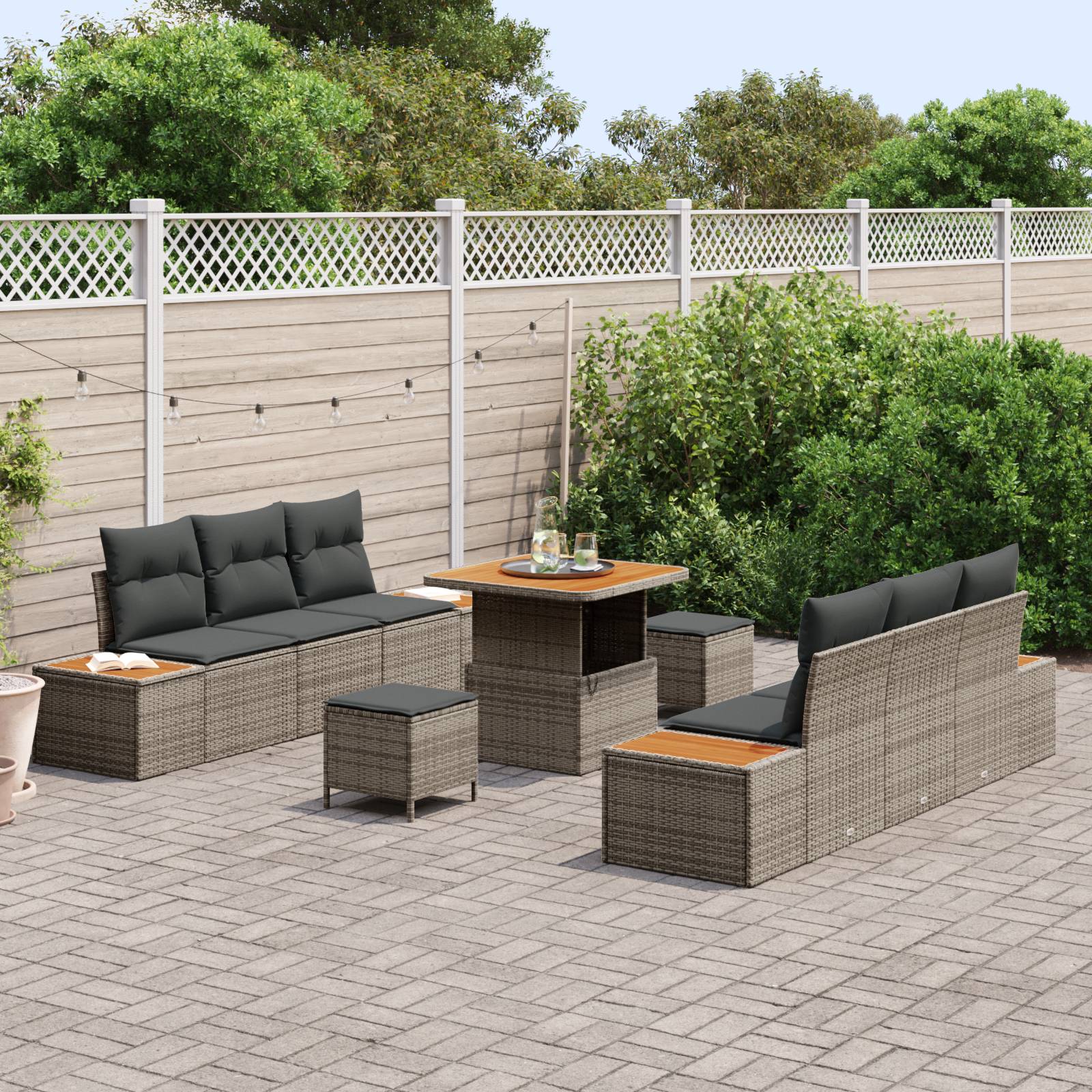 vidaXL 9-teiliges Garten Sofa Set mit Kissen Grau Poly Rattan Akazie