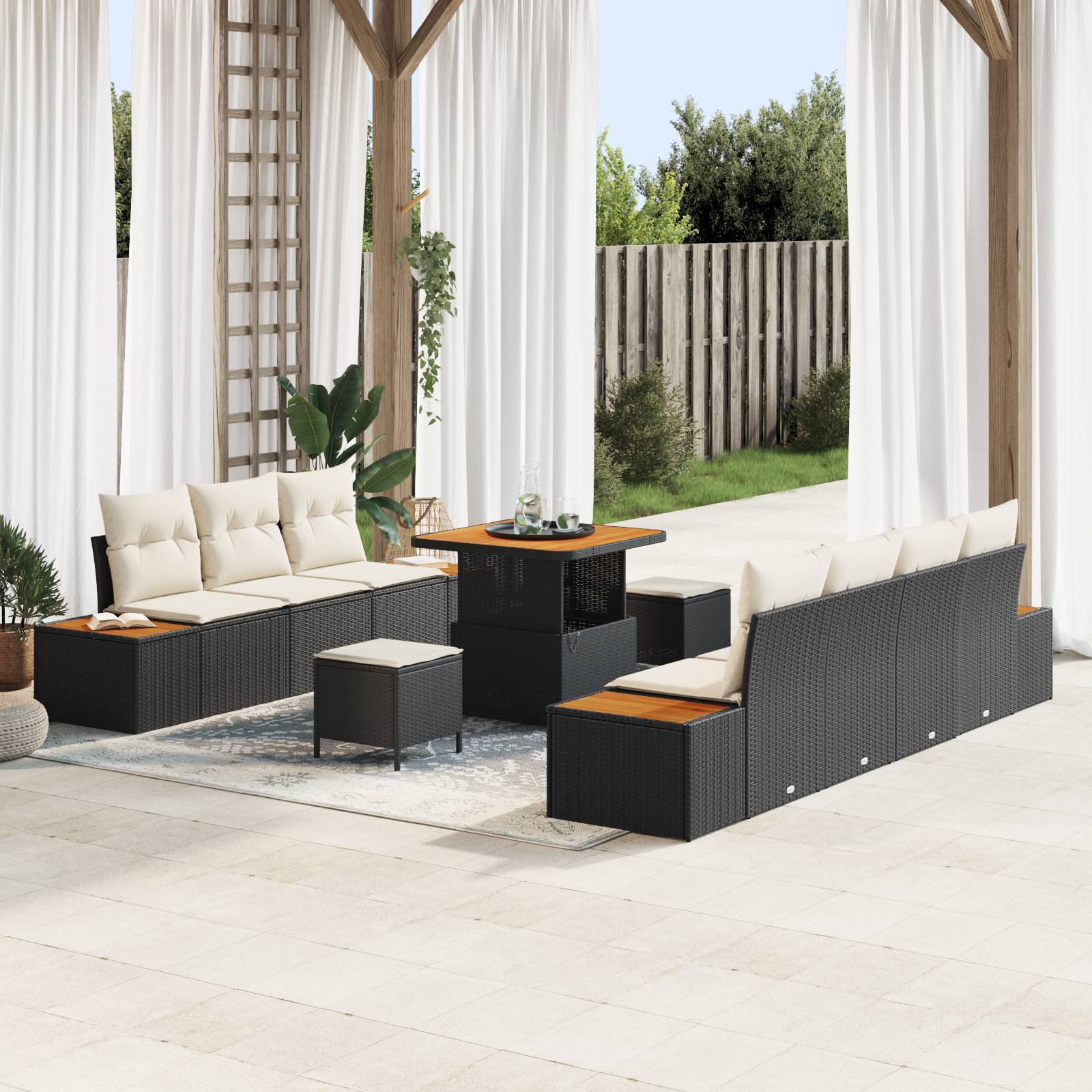 vidaXL 10-teilige Garten Sofa Set mit Kissen Schwarz Poly-Rattan Akazie