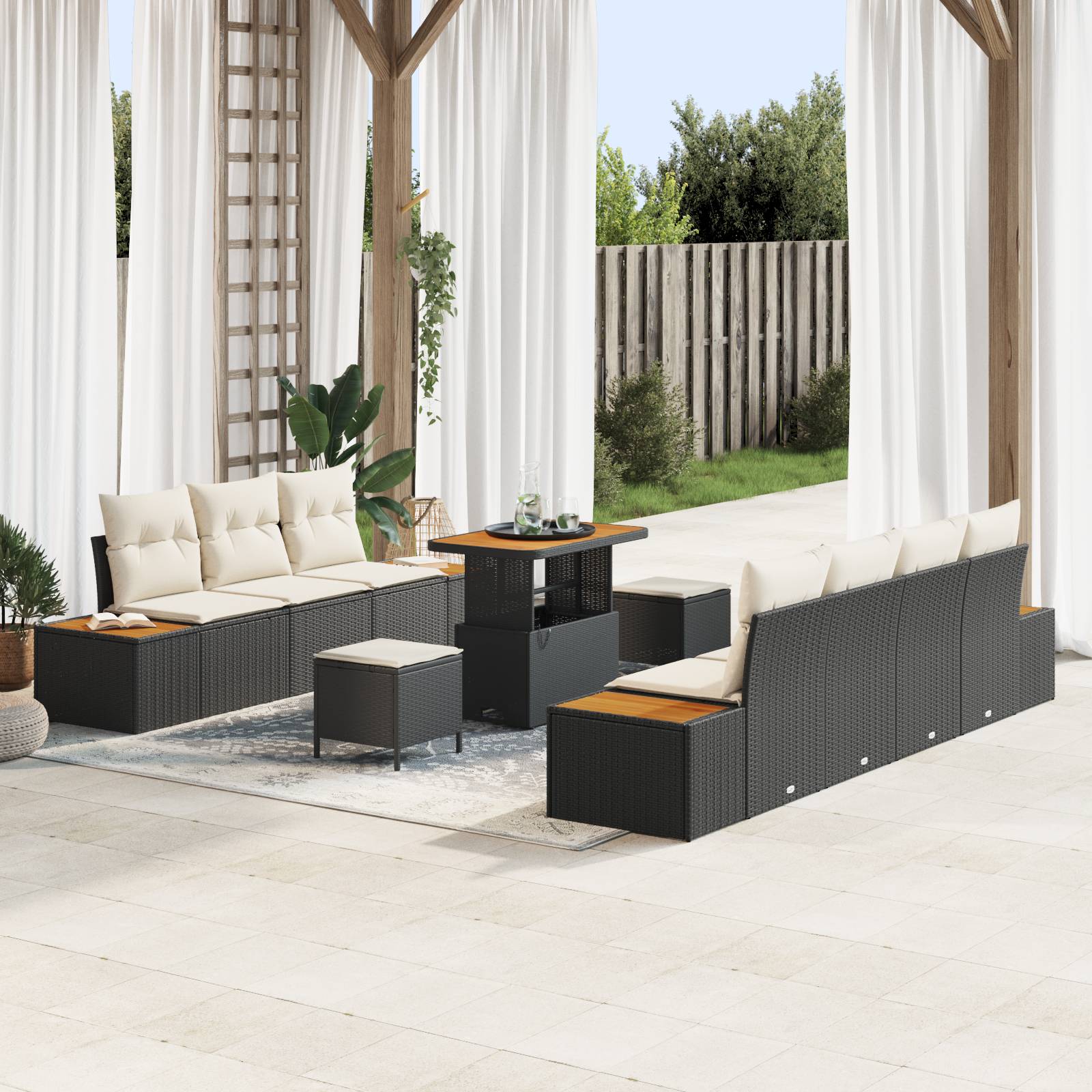 vidaXL 10-teiliges Garten-Sofa-Set mit Kissen Schwarz Poly-Rattan Akazie