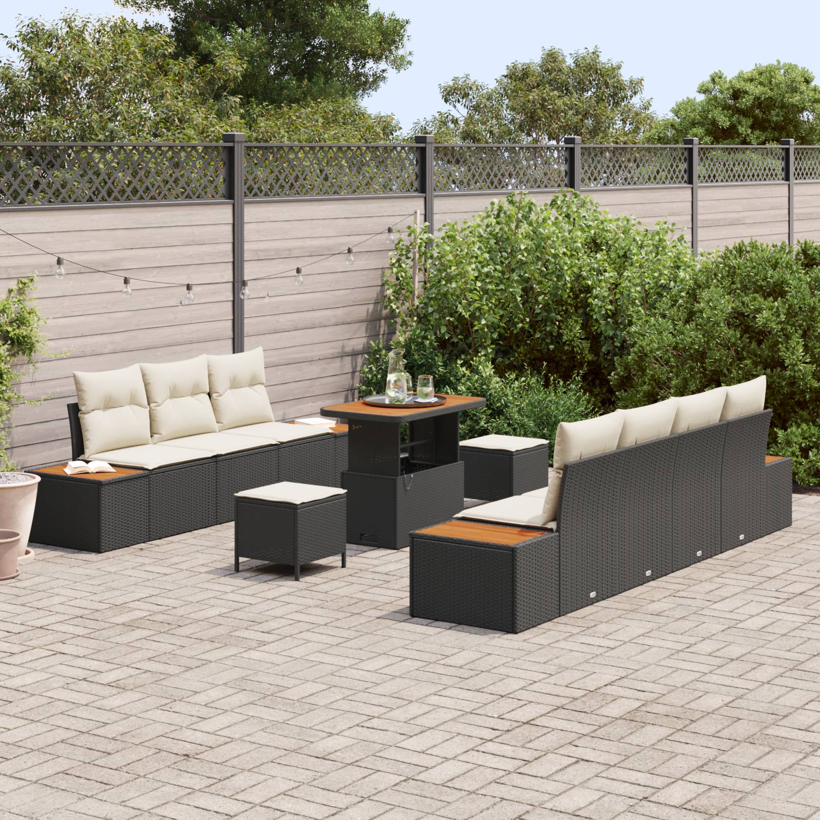 vidaXL 10-teiliges Garten-Sofa-Set mit Kissen Schwarz Poly-Rattan Akazie