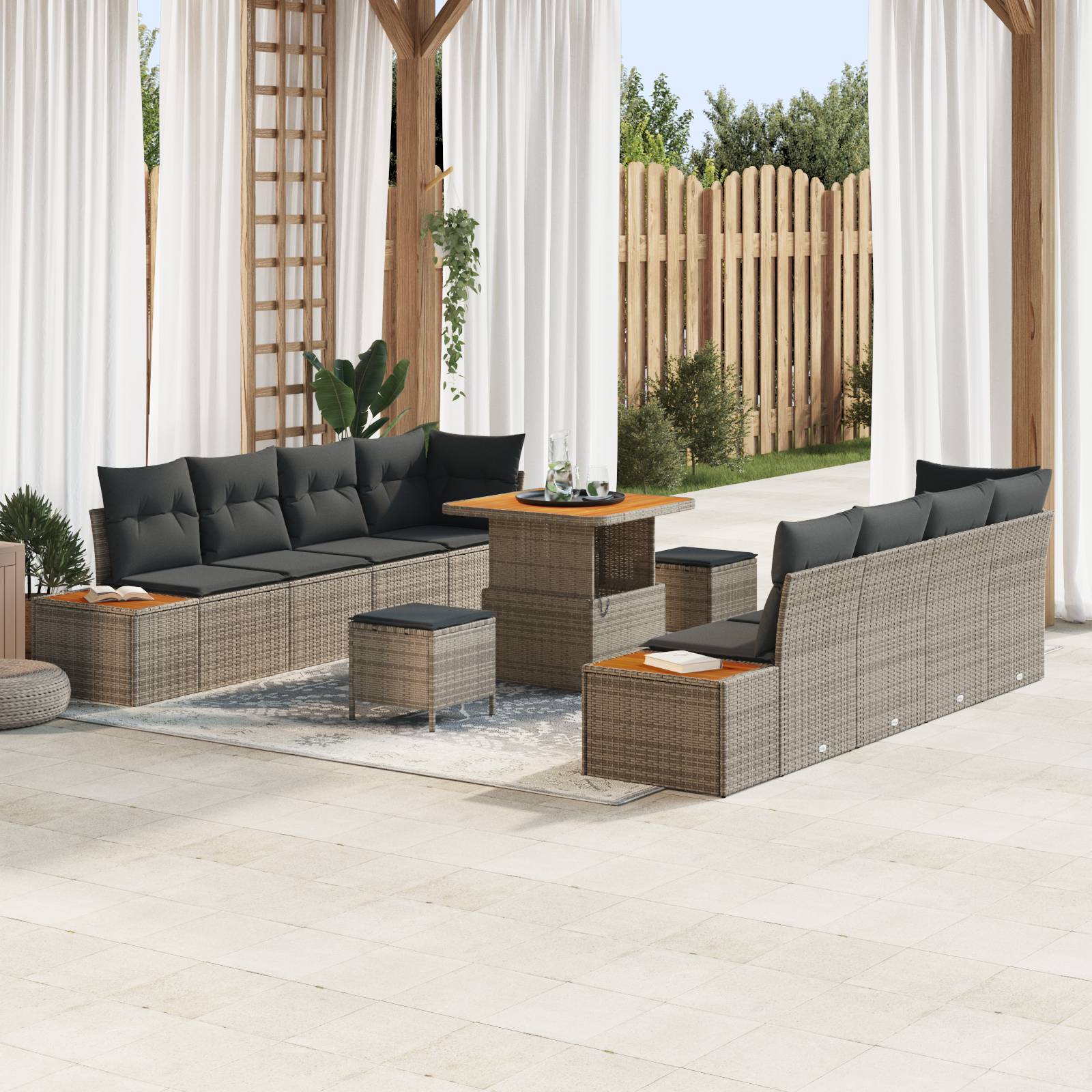 vidaXL 11-teiliges Garten-Sofa-Set mit Kissen Grau Poly Rattan Akazie
