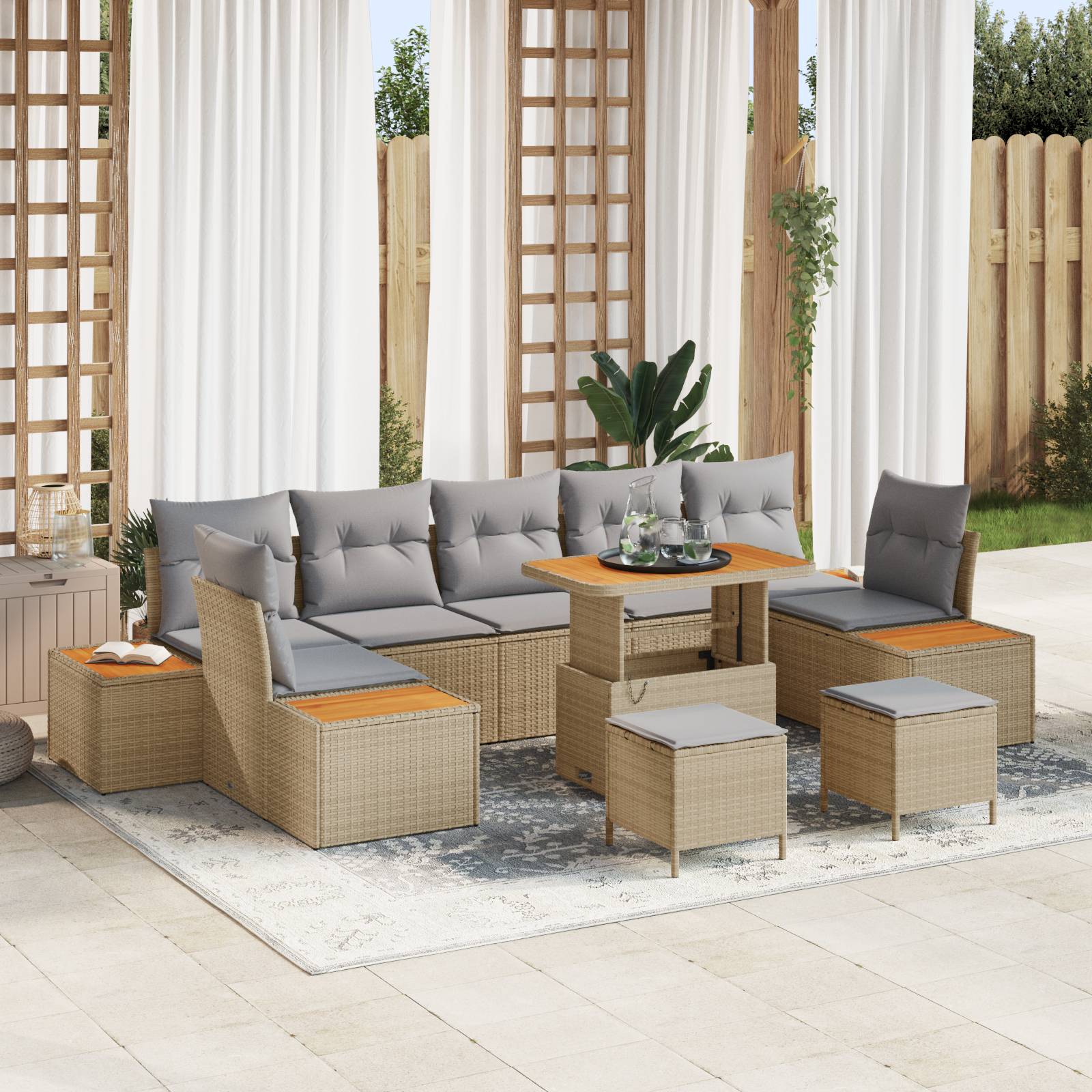 vidaXL 10-tlg. Garten-Sofagarnitur mit Kissen Beige Poly Rattan Akazie