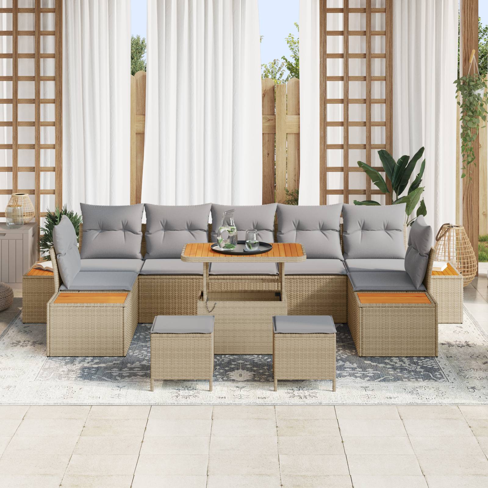 vidaXL 10-tlg. Garten-Sofagarnitur mit Kissen Beige Poly Rattan Akazie
