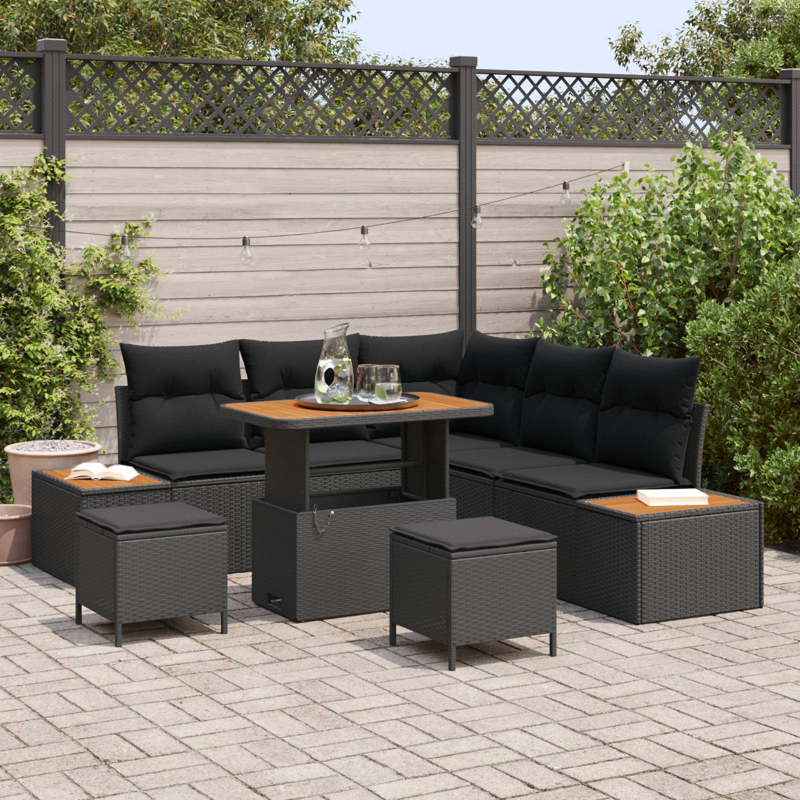 vidaXL 8-teiliges Garten Sofa Set mit Kissen Schwarz Poly Rattan Akazie