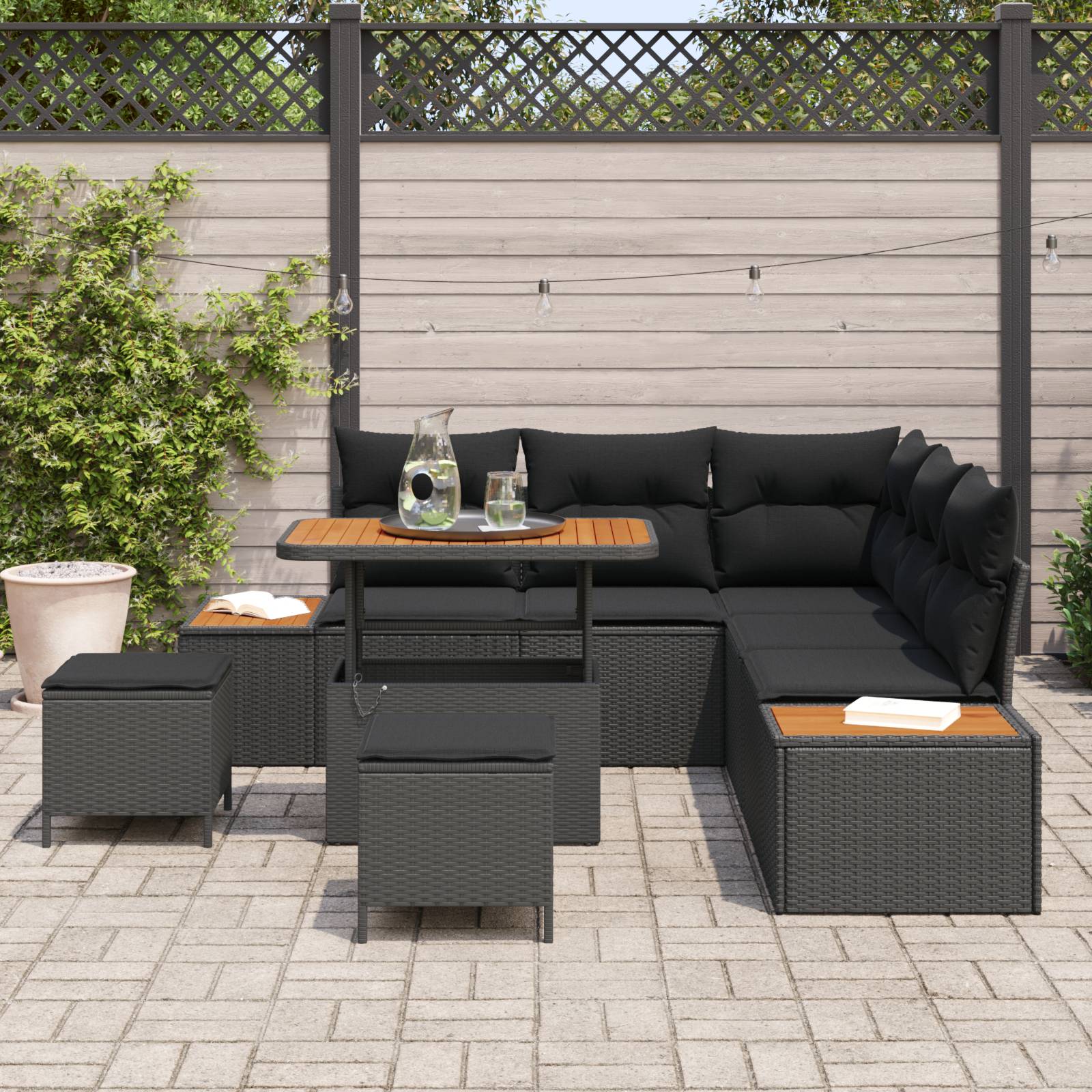 vidaXL 8-teiliges Garten Sofa Set mit Kissen Schwarz Poly Rattan Akazie