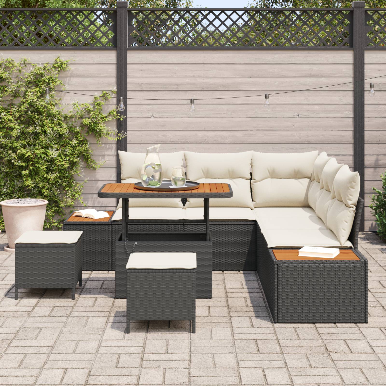 vidaXL 8-teiliges Garten Sofa Set mit Kissen Schwarz Poly Rattan Akazie