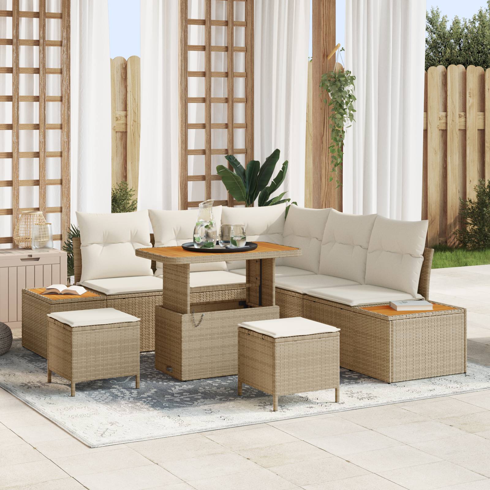 vidaXL 8-teiliges Garten-Sofa-Set mit Kissen Beige Poly-Rattan Akazie